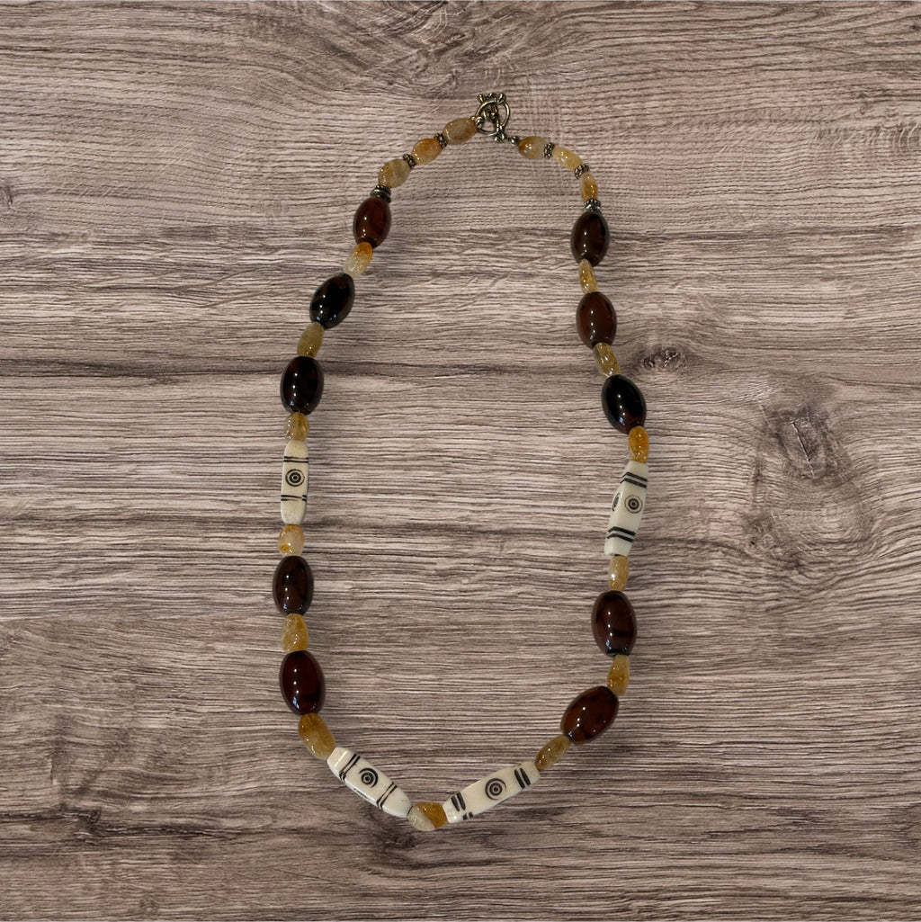 Rustic Citrine, Glass & Bone Necklace, 20 Inch Earthy Boho Statement Necklace, Handmade Artisan Jewelry with Toggle Clasp