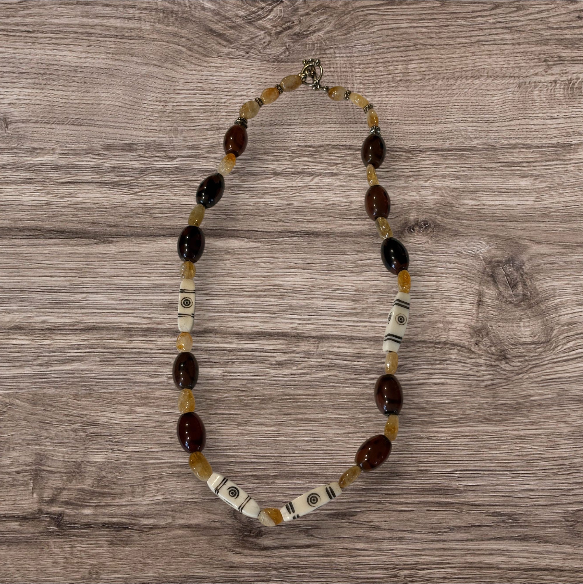 Rustic Citrine, Glass & Bone Necklace, 20 Inch Earthy Boho Statement Necklace, Handmade Artisan Jewelry with Toggle Clasp
