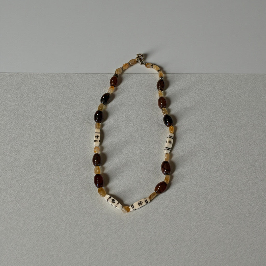 Rustic Citrine, Glass & Bone Necklace, 20 Inch Earthy Boho Statement Necklace, Handmade Artisan Jewelry with Toggle Clasp