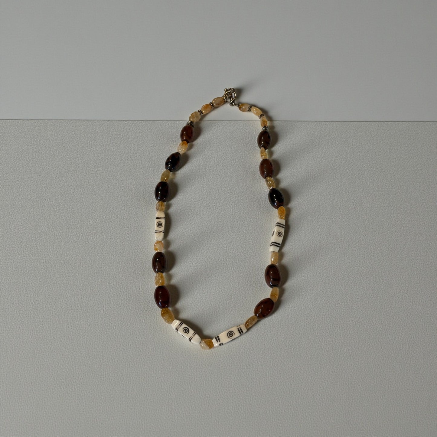 Rustic Citrine, Glass & Bone Necklace, 20 Inch Earthy Boho Statement Necklace, Handmade Artisan Jewelry with Toggle Clasp