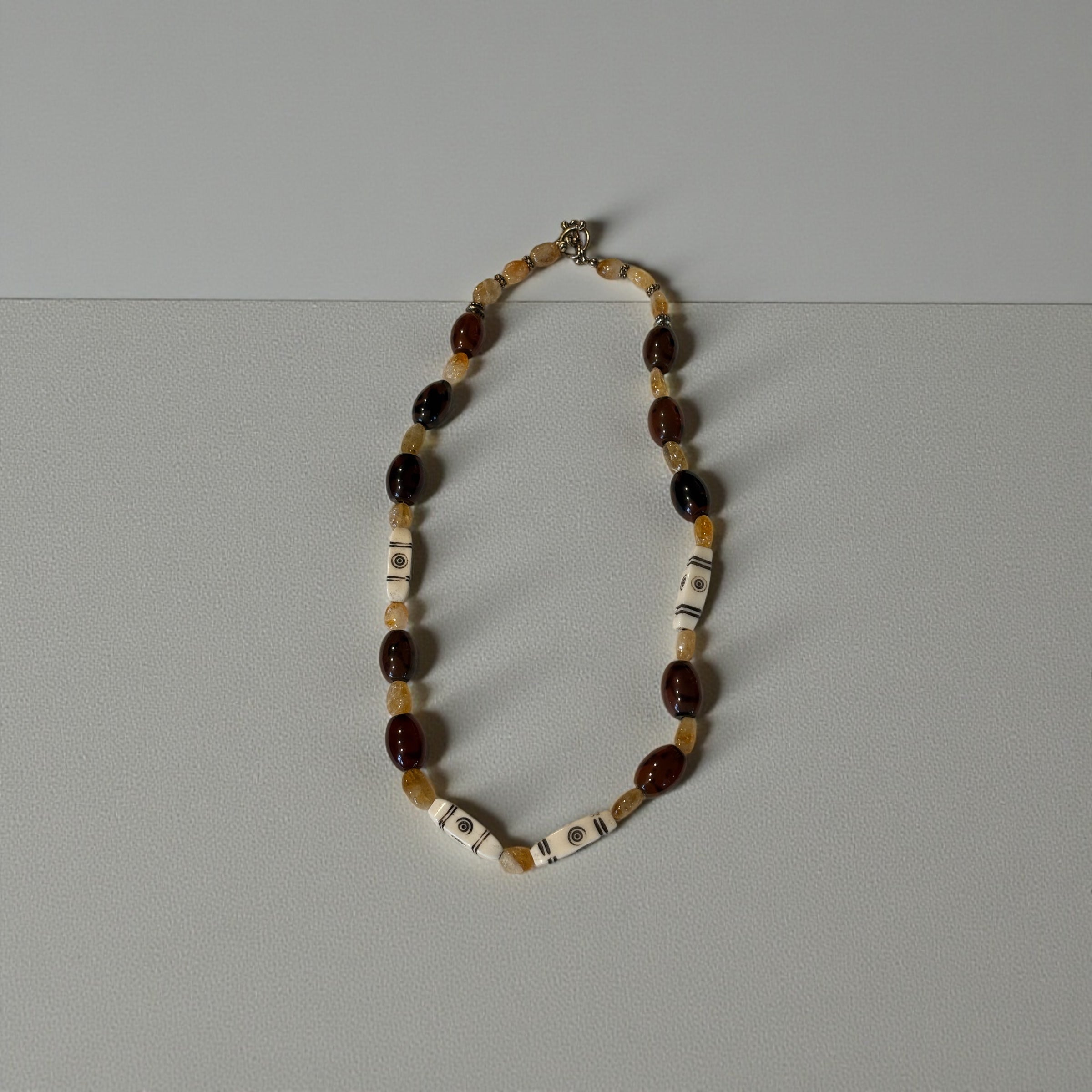 Rustic Citrine, Glass & Bone Necklace, 20 Inch Earthy Boho Statement Necklace, Handmade Artisan Jewelry with Toggle Clasp