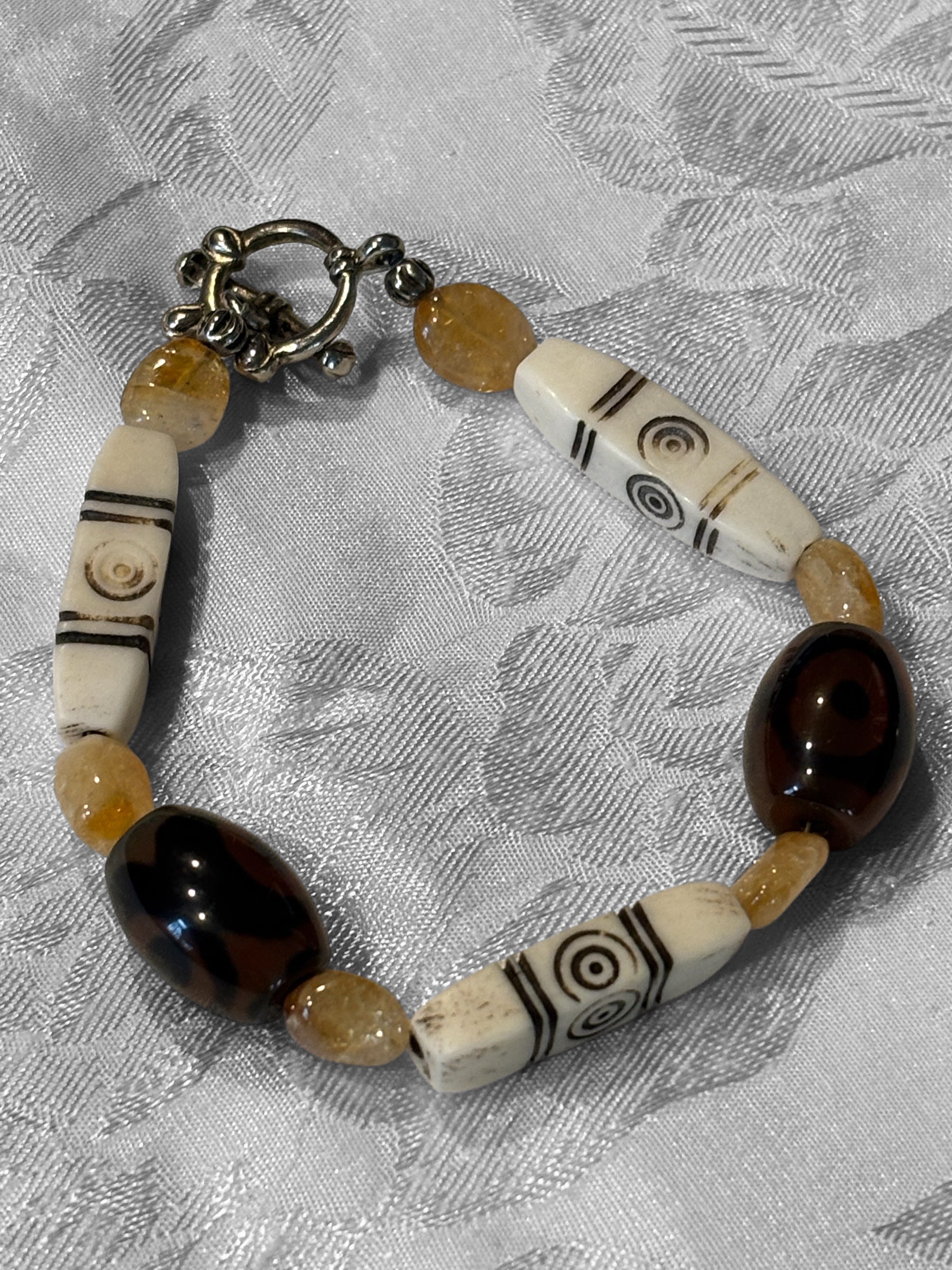 Rustic Citrine, Glass & Bone Bracelet, 6.75 Inch Earthy Boho Beaded Bracelet with Toggle Clasp, Handmade Artisan Jewelry
