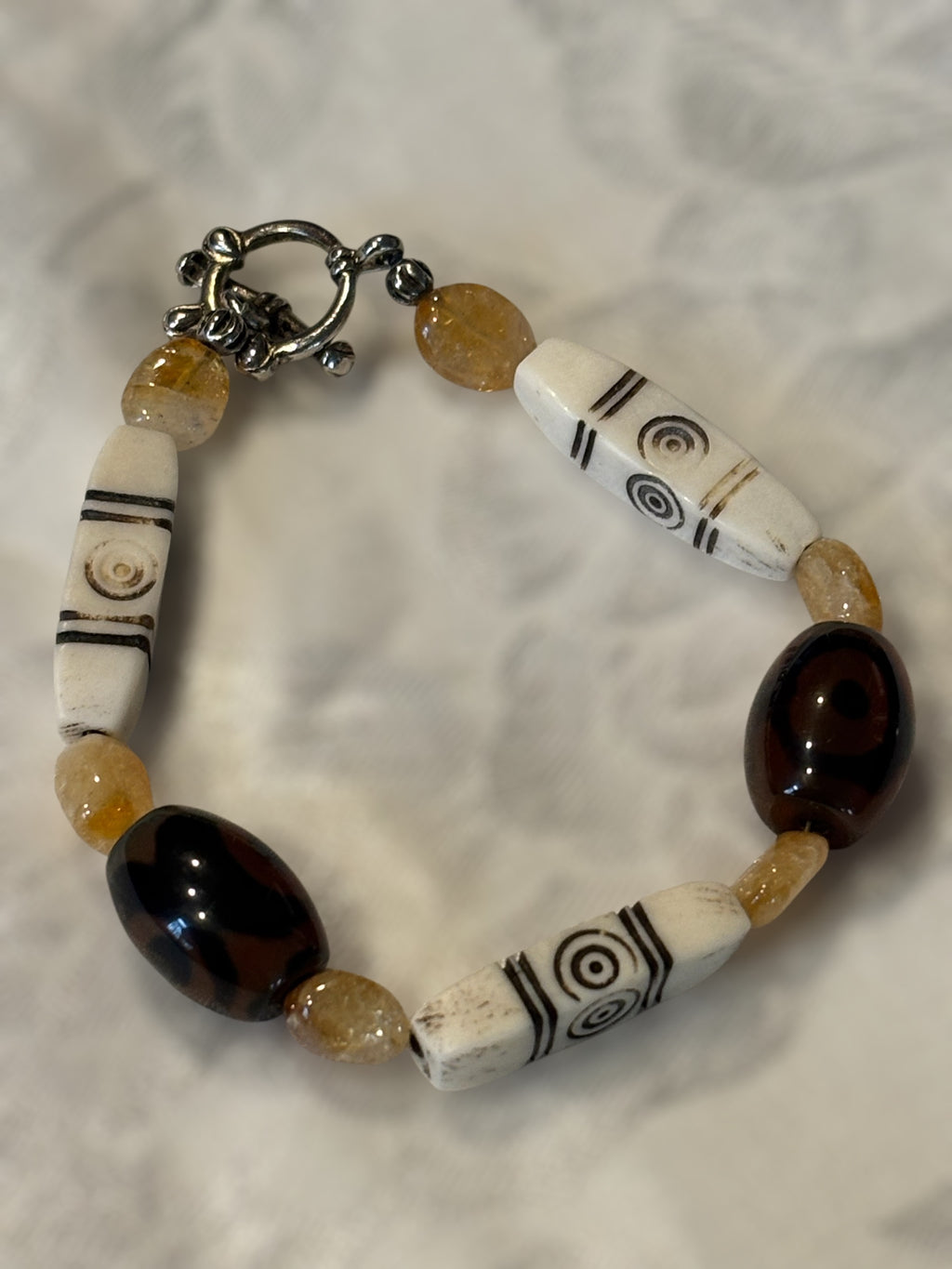 Rustic Citrine, Glass & Bone Bracelet, 6.75 Inch Earthy Boho Beaded Bracelet with Toggle Clasp, Handmade Artisan Jewelry