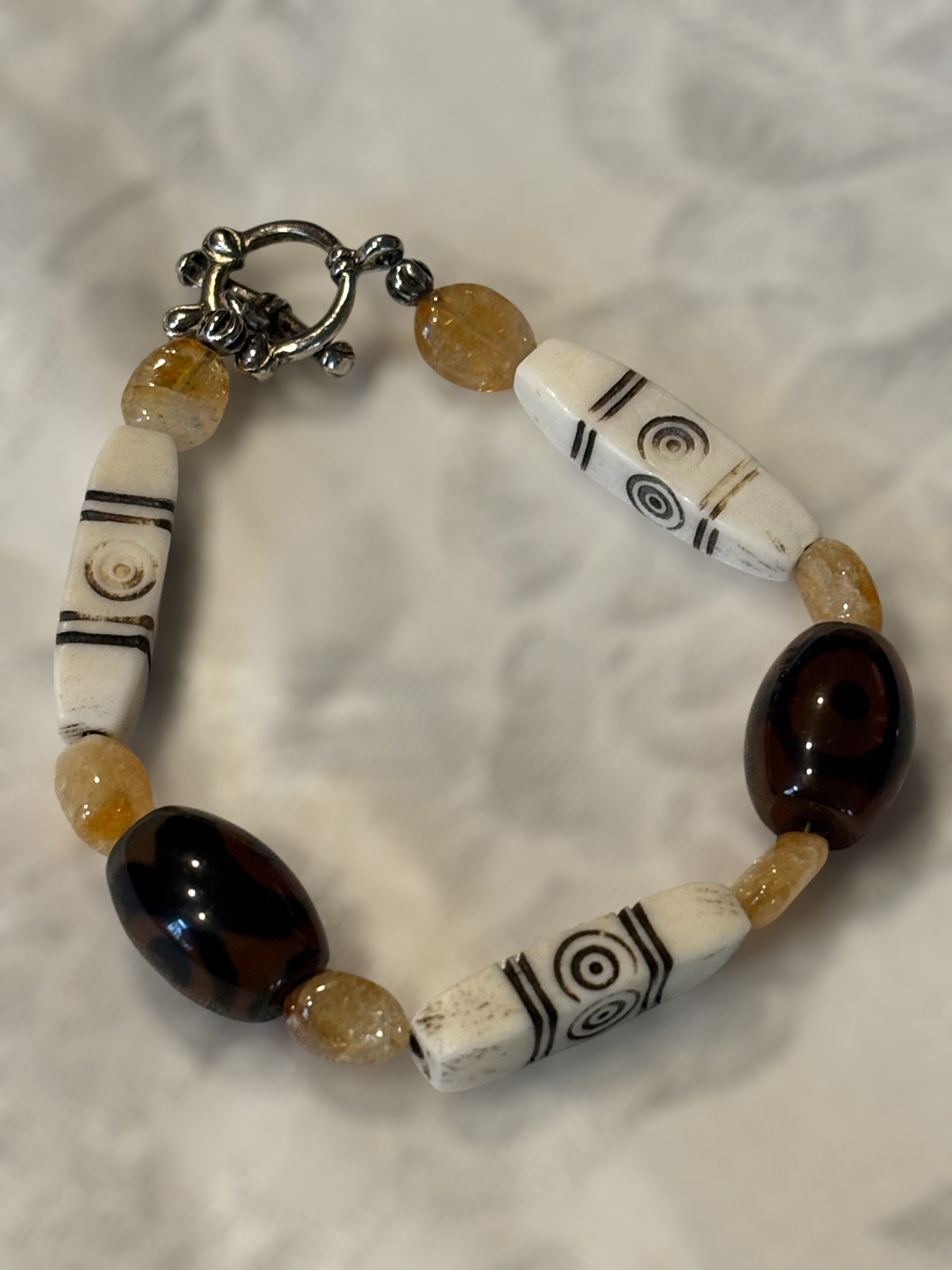 Rustic Citrine, Glass & Bone Bracelet, 6.75 Inch Earthy Boho Beaded Bracelet with Toggle Clasp, Handmade Artisan Jewelry