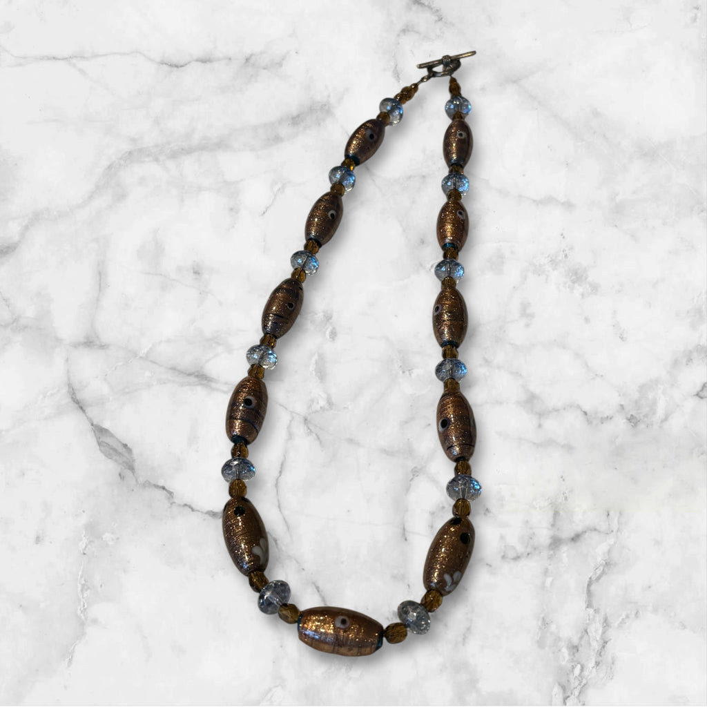 20 inch Glass Focal Bead Necklace with Blue & Brown Czech Glass, Handmade Artisan Boho Necklace, Earthy Statement Jewelry with Toggle Clasp