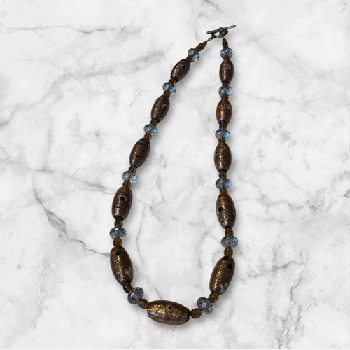 20 inch Glass Focal Bead Necklace with Blue & Brown Czech Glass, Handmade Artisan Boho Necklace, Earthy Statement Jewelry with Toggle Clasp