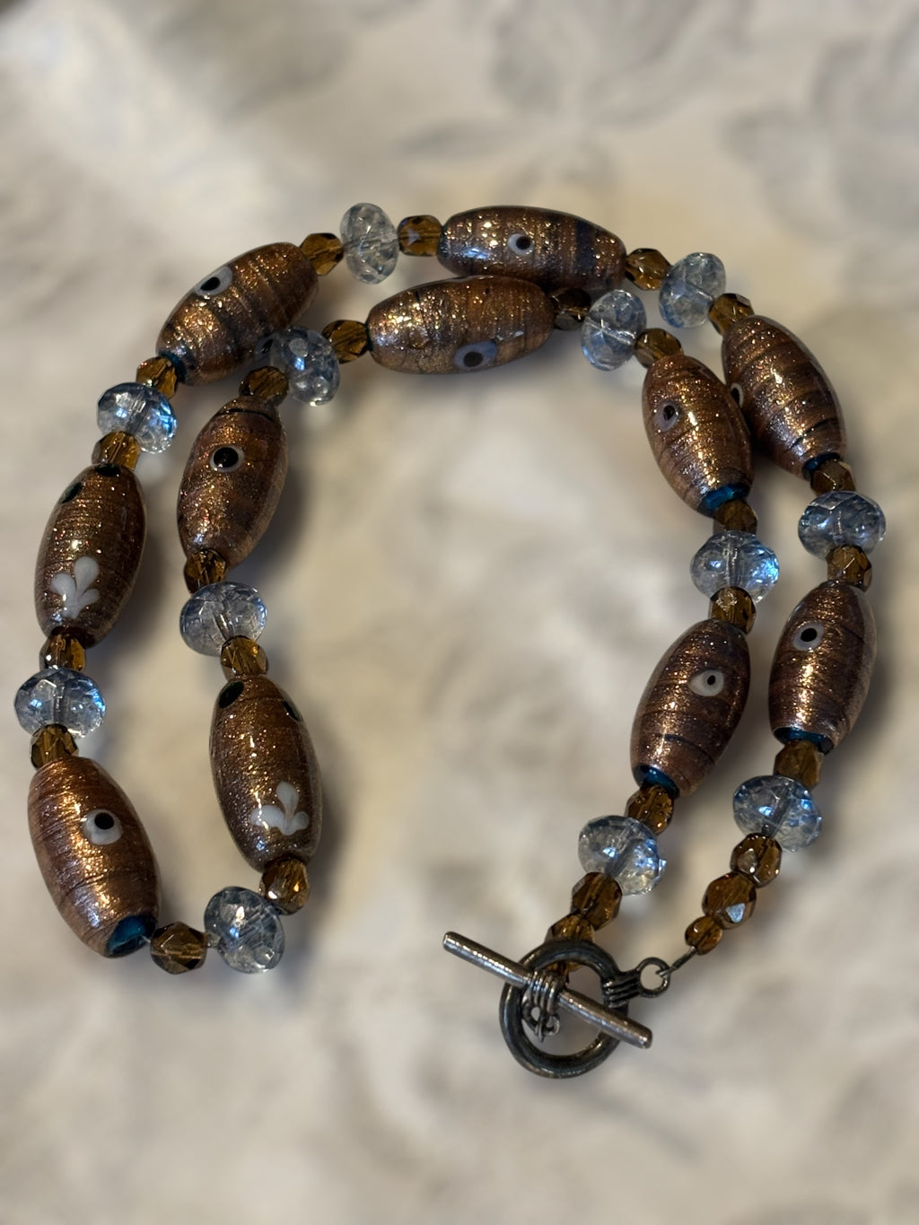 20 inch Glass Focal Bead Necklace with Blue & Brown Czech Glass, Handmade Artisan Boho Necklace, Earthy Statement Jewelry with Toggle Clasp