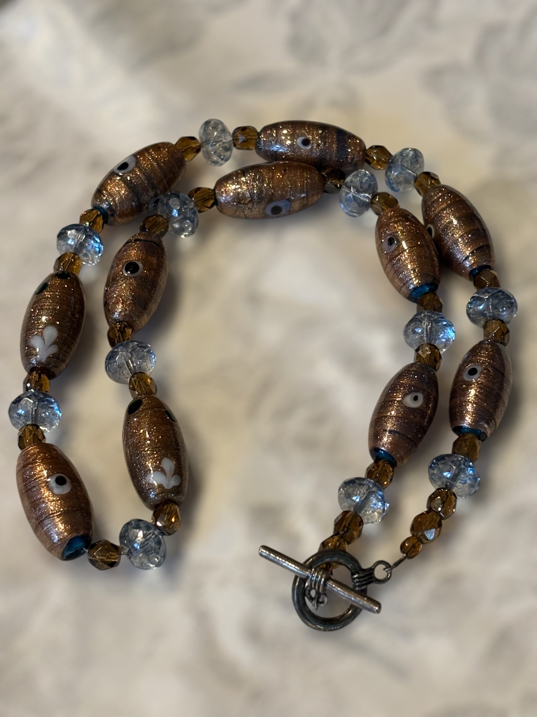 20 inch Glass Focal Bead Necklace with Blue & Brown Czech Glass, Handmade Artisan Boho Necklace, Earthy Statement Jewelry with Toggle Clasp