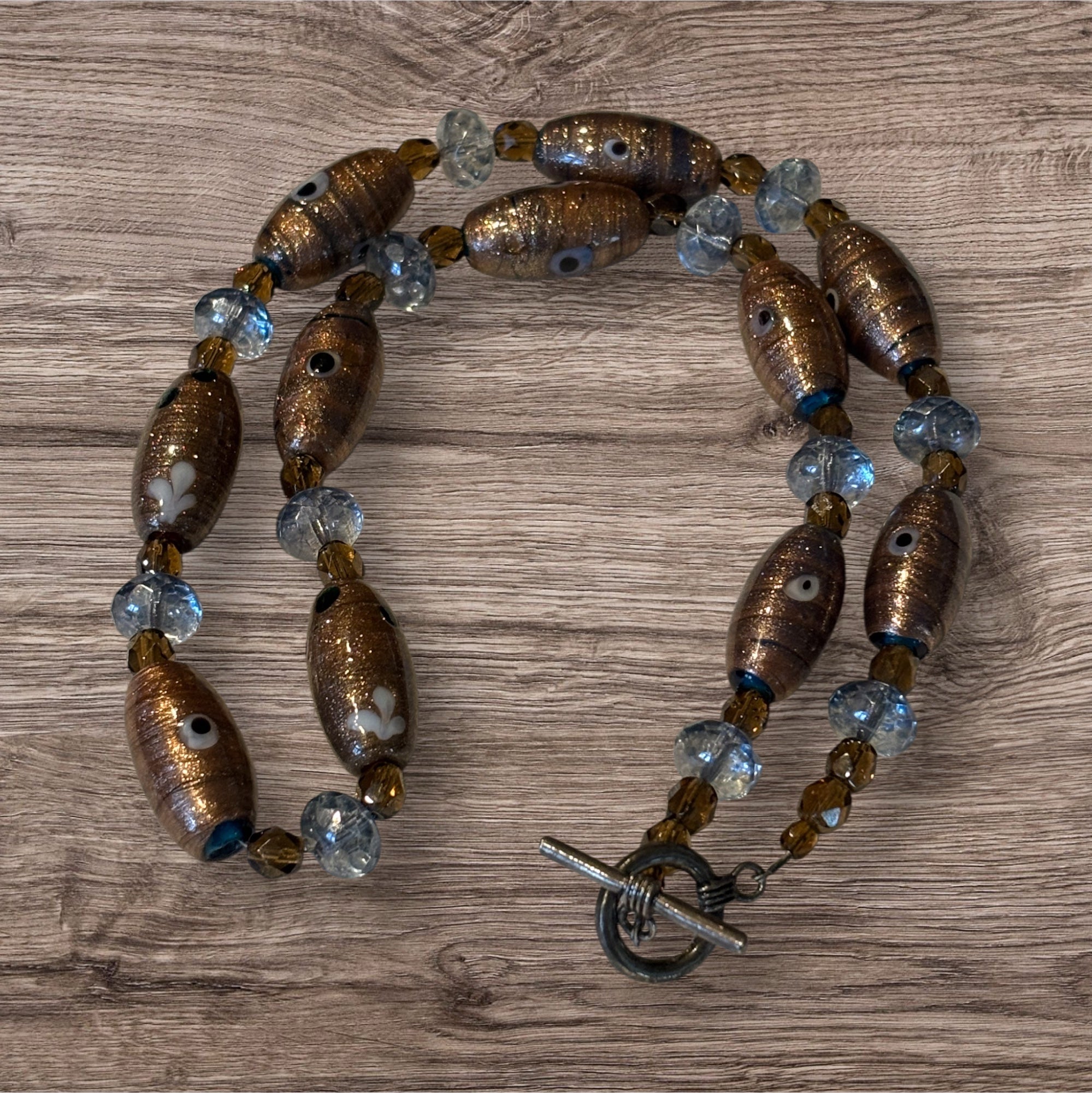 20 inch Glass Focal Bead Necklace with Blue & Brown Czech Glass, Handmade Artisan Boho Necklace, Earthy Statement Jewelry with Toggle Clasp