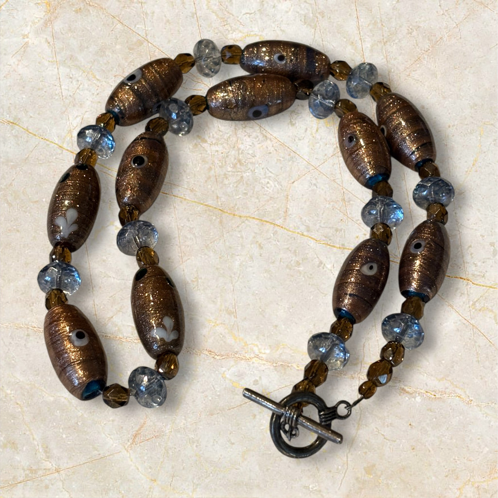 20 inch Glass Focal Bead Necklace with Blue & Brown Czech Glass, Handmade Artisan Boho Necklace, Earthy Statement Jewelry with Toggle Clasp