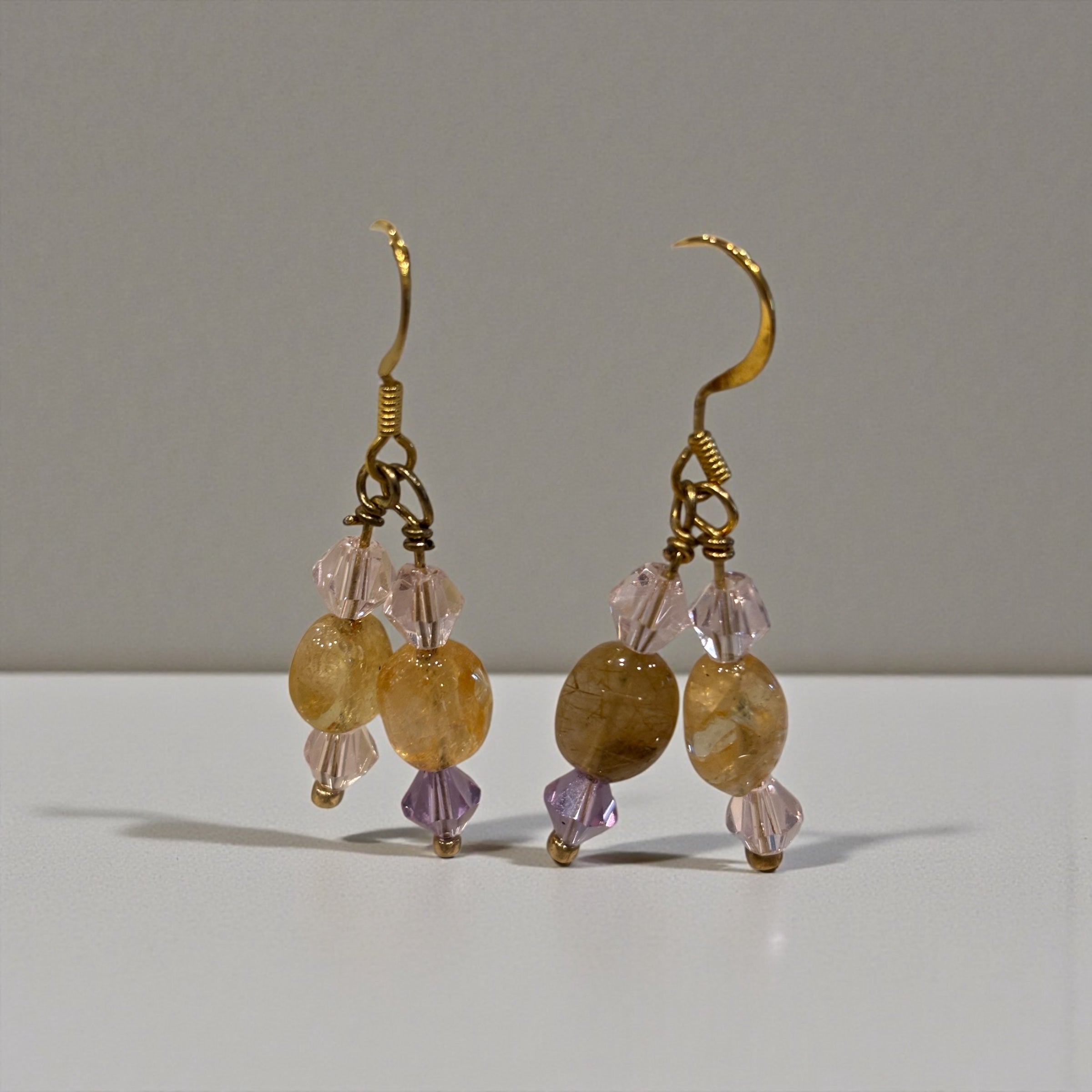 Citrine Drop Earrings with Pink & Purple Swarovski Crystals, Gold Earwires, Handmade Gemstone Dangle Earrings, Elegant Everyday Jewelry Gift