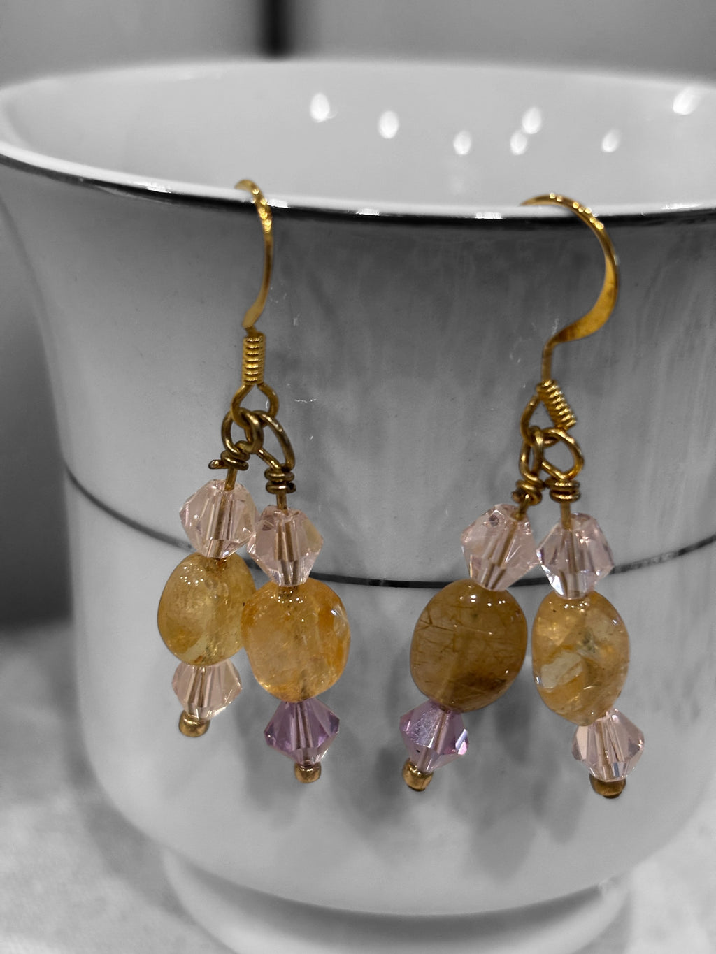 Citrine Drop Earrings with Pink & Purple Swarovski Crystals, Gold Earwires, Handmade Gemstone Dangle Earrings, Elegant Everyday Jewelry Gift