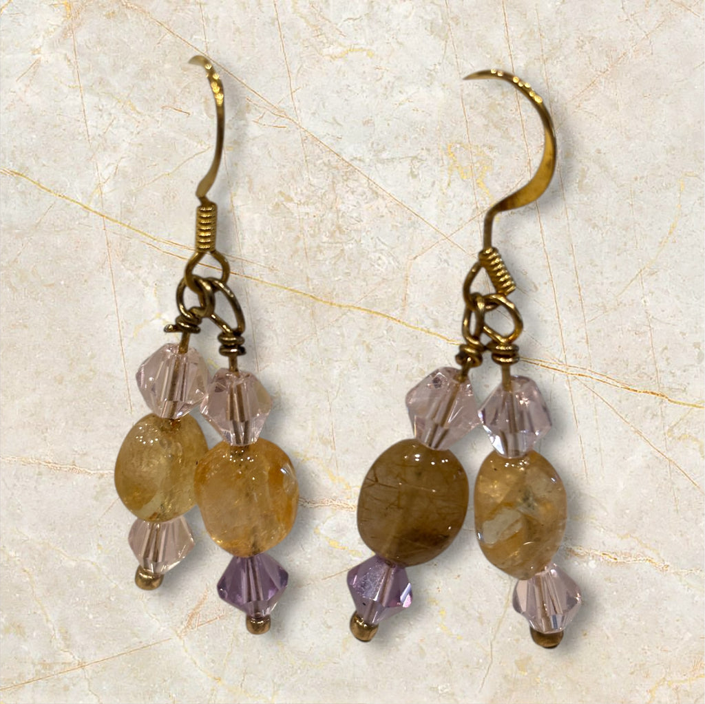Citrine Drop Earrings with Pink & Purple Swarovski Crystals, Gold Earwires, Handmade Gemstone Dangle Earrings, Elegant Everyday Jewelry Gift