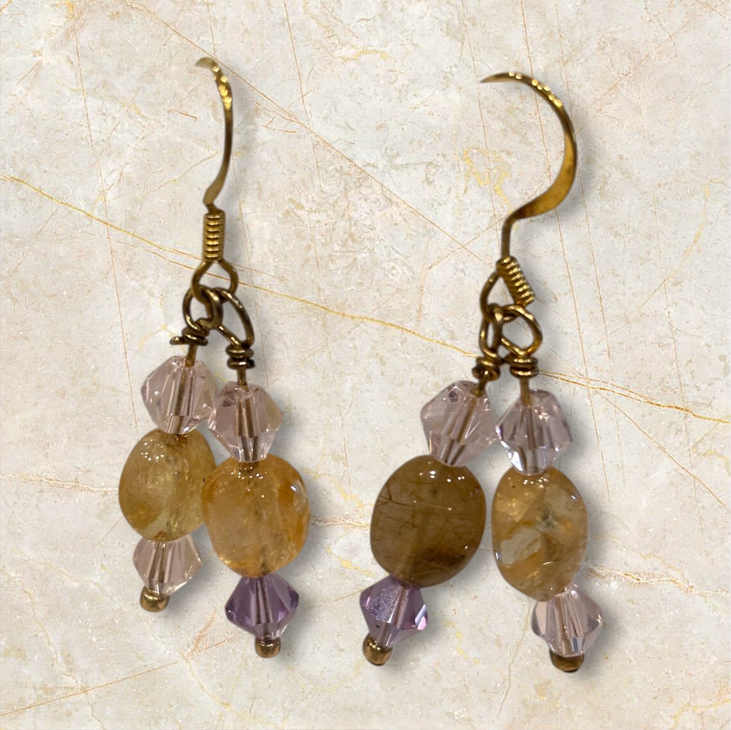 Citrine Drop Earrings with Pink & Purple Swarovski Crystals, Gold Earwires, Handmade Gemstone Dangle Earrings, Elegant Everyday Jewelry Gift