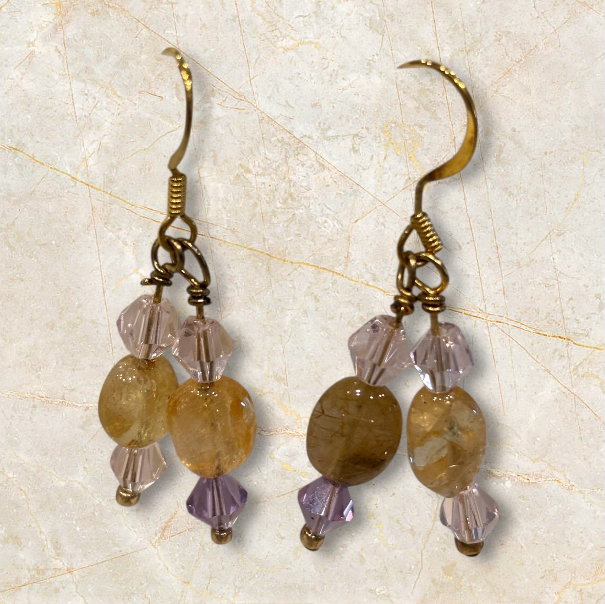 Citrine Drop Earrings with Pink & Purple Swarovski Crystals, Gold Earwires, Handmade Gemstone Dangle Earrings, Elegant Everyday Jewelry Gift