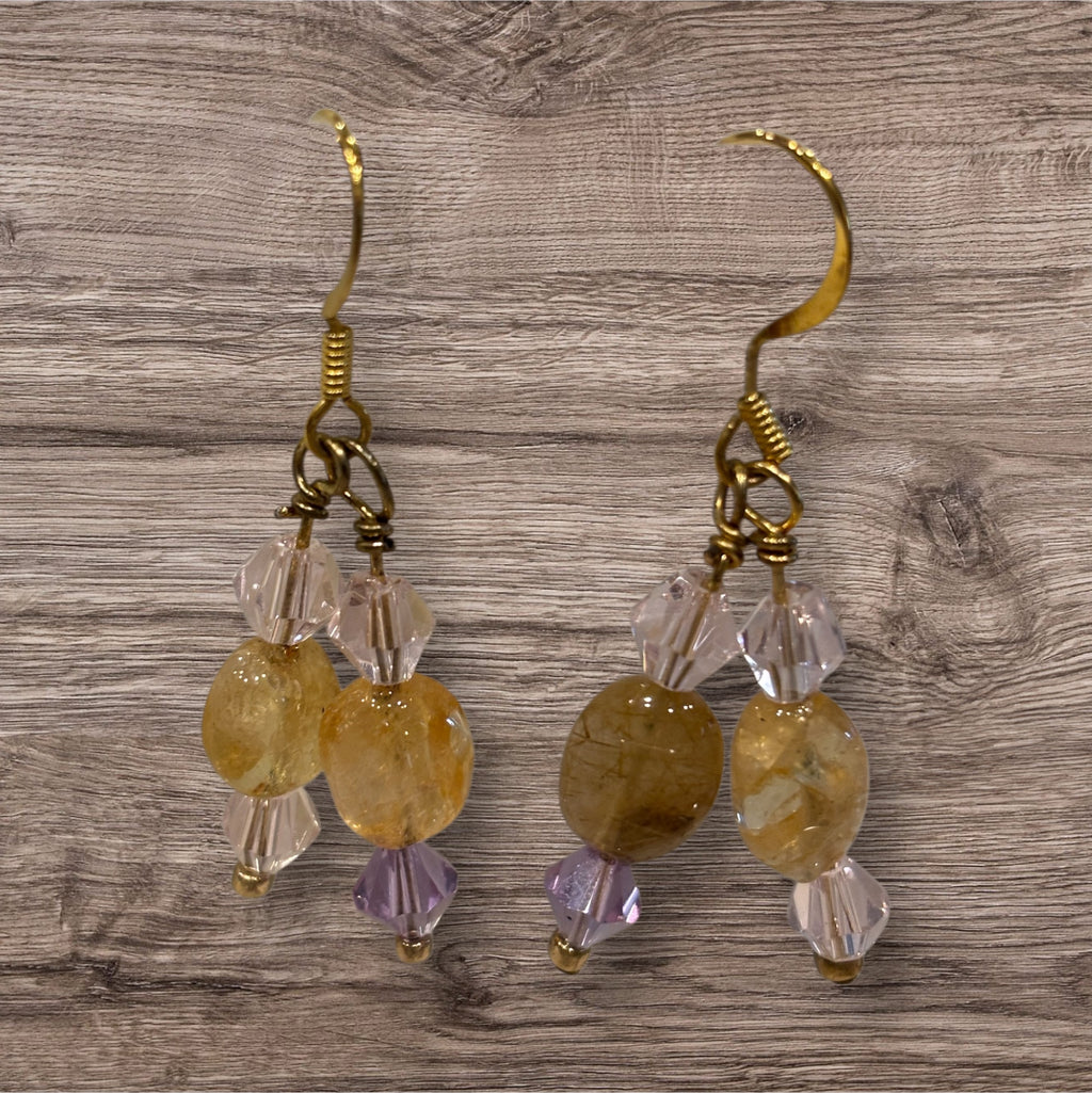 Citrine Drop Earrings with Pink & Purple Swarovski Crystals, Gold Earwires, Handmade Gemstone Dangle Earrings, Elegant Everyday Jewelry Gift