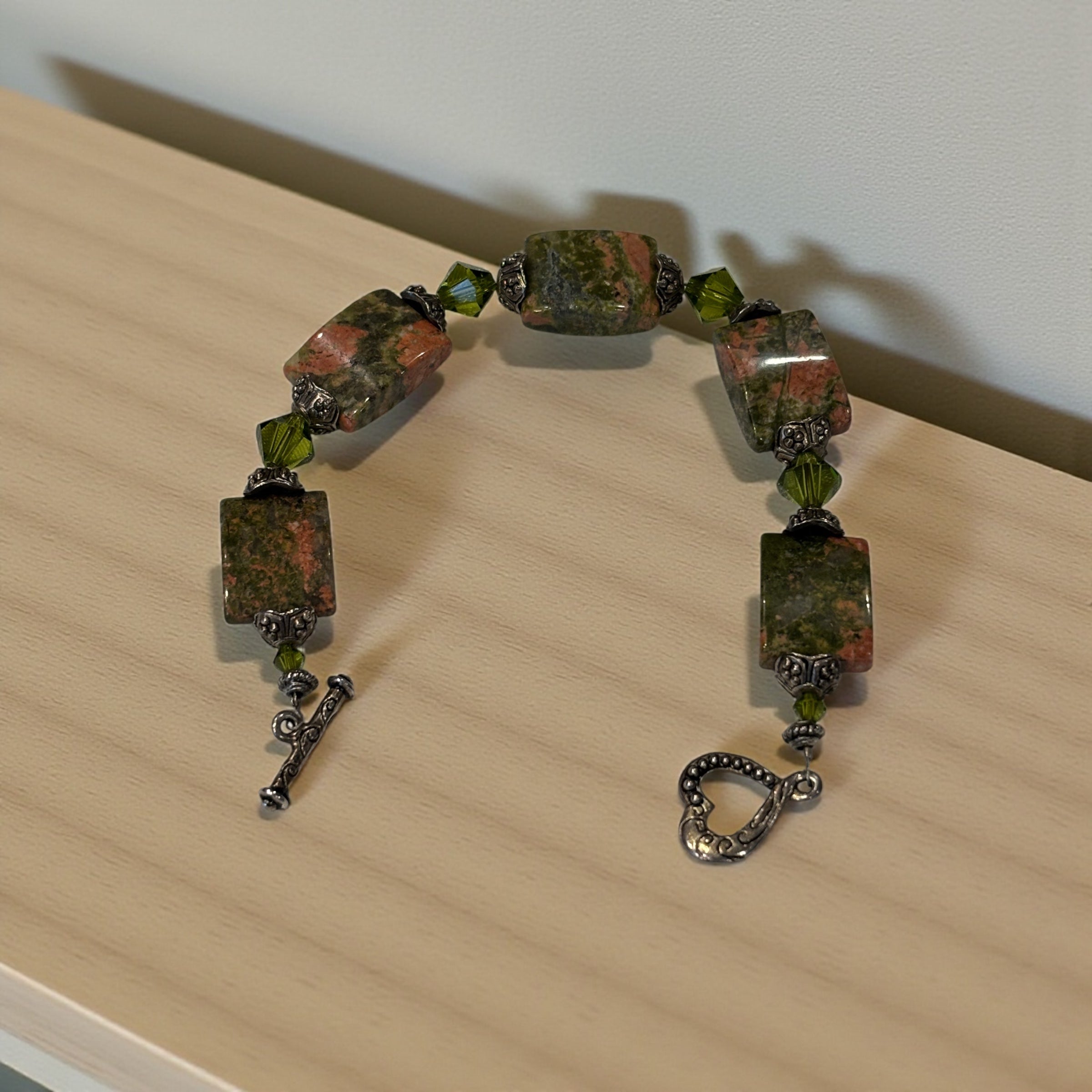 Unakite Jasper Bracelet with Olive Green Swarovski Crystals, 7 Inch Handmade Gemstone Bracelet, Rustic Earth Tone Inspired Gift