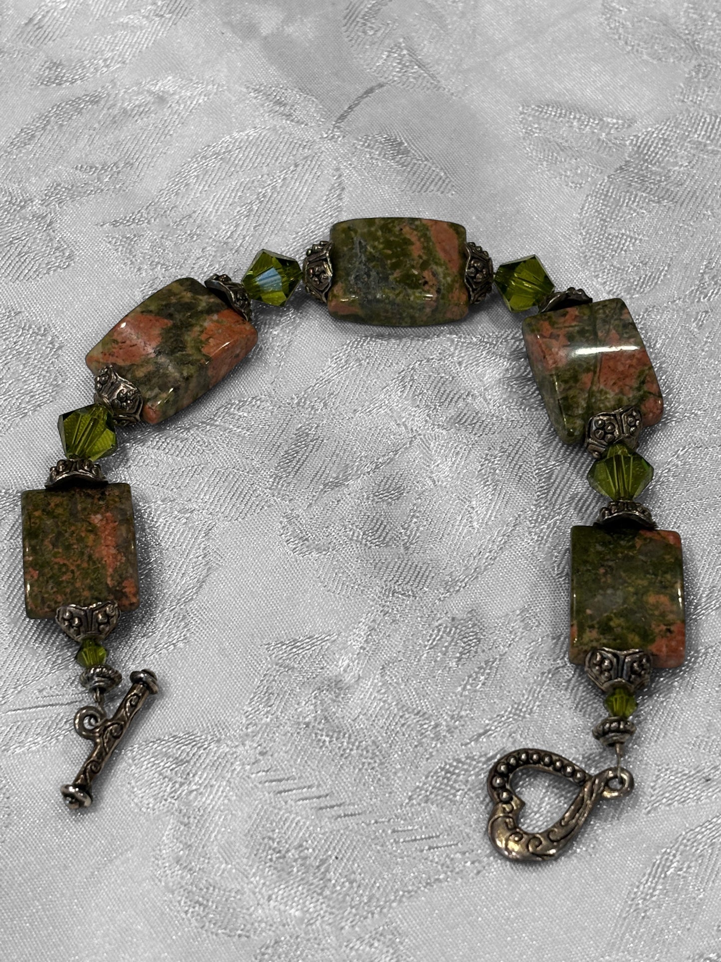Unakite Jasper Bracelet with Olive Green Swarovski Crystals, 7 Inch Handmade Gemstone Bracelet, Rustic Earth Tone Inspired Gift