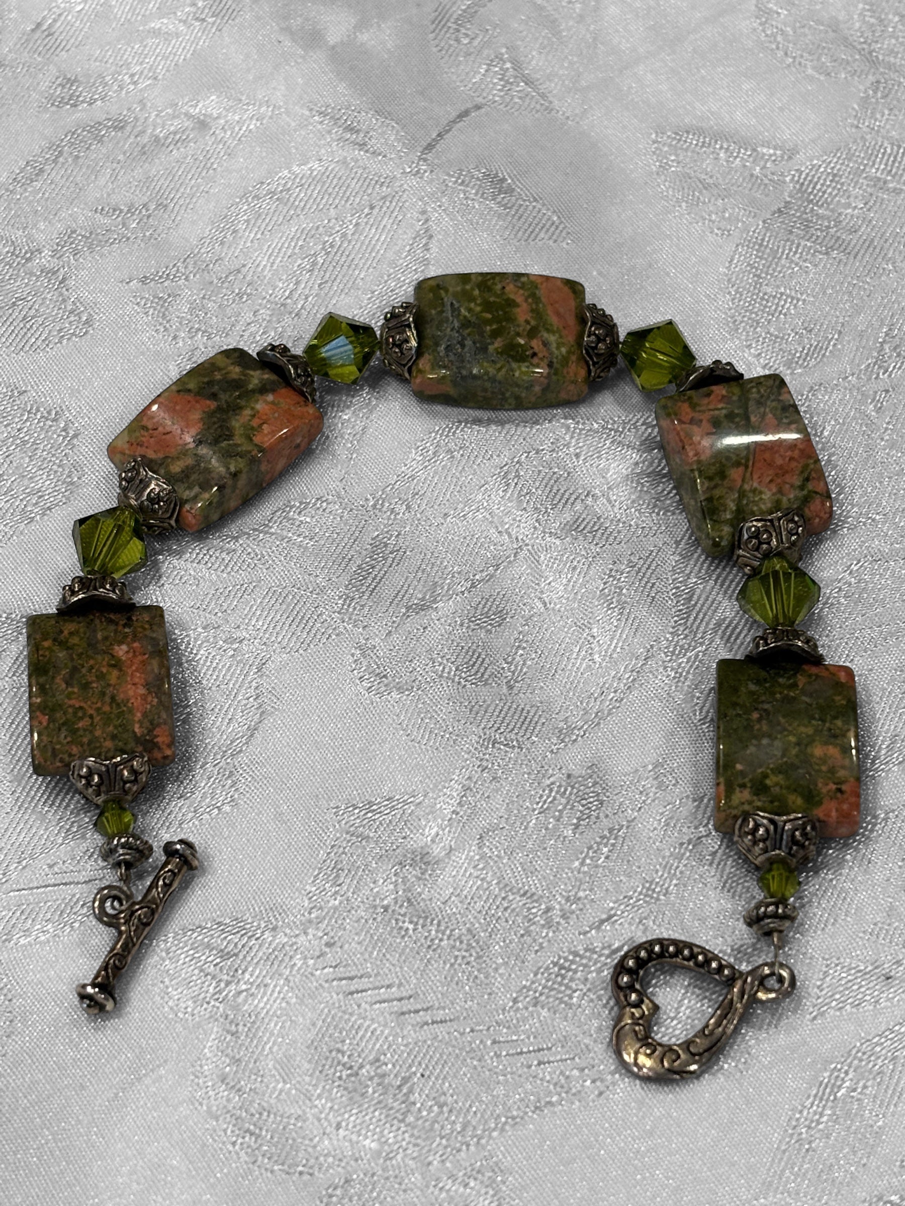 Unakite Jasper Bracelet with Olive Green Swarovski Crystals, 7 Inch Handmade Gemstone Bracelet, Rustic Earth Tone Inspired Gift