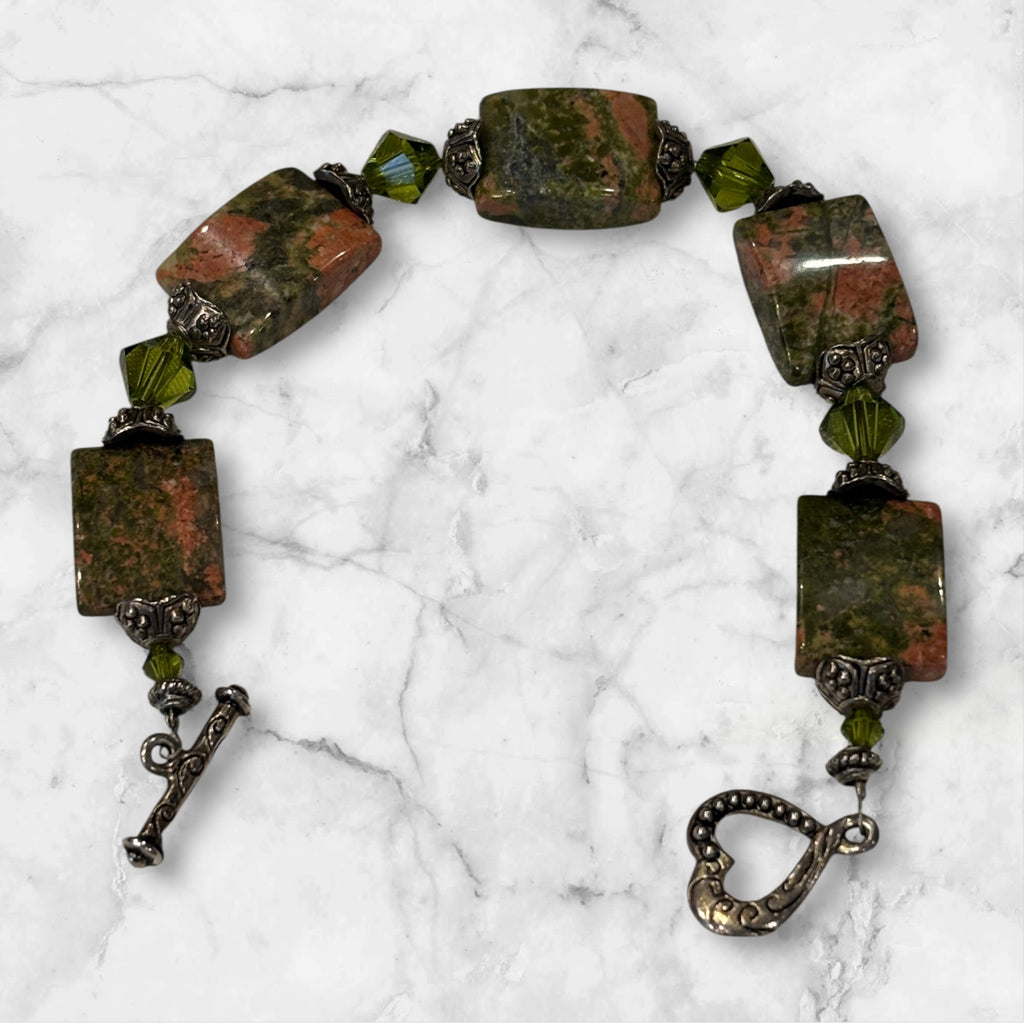 Unakite Jasper Bracelet with Olive Green Swarovski Crystals, 7 Inch Handmade Gemstone Bracelet, Rustic Earth Tone Inspired Gift
