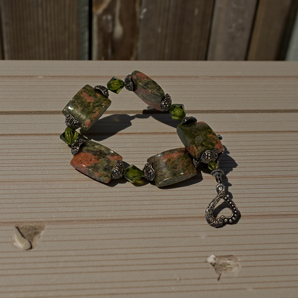 Unakite Jasper Bracelet with Olive Green Swarovski Crystals, 7 Inch Handmade Gemstone Bracelet, Rustic Earth Tone Inspired Gift