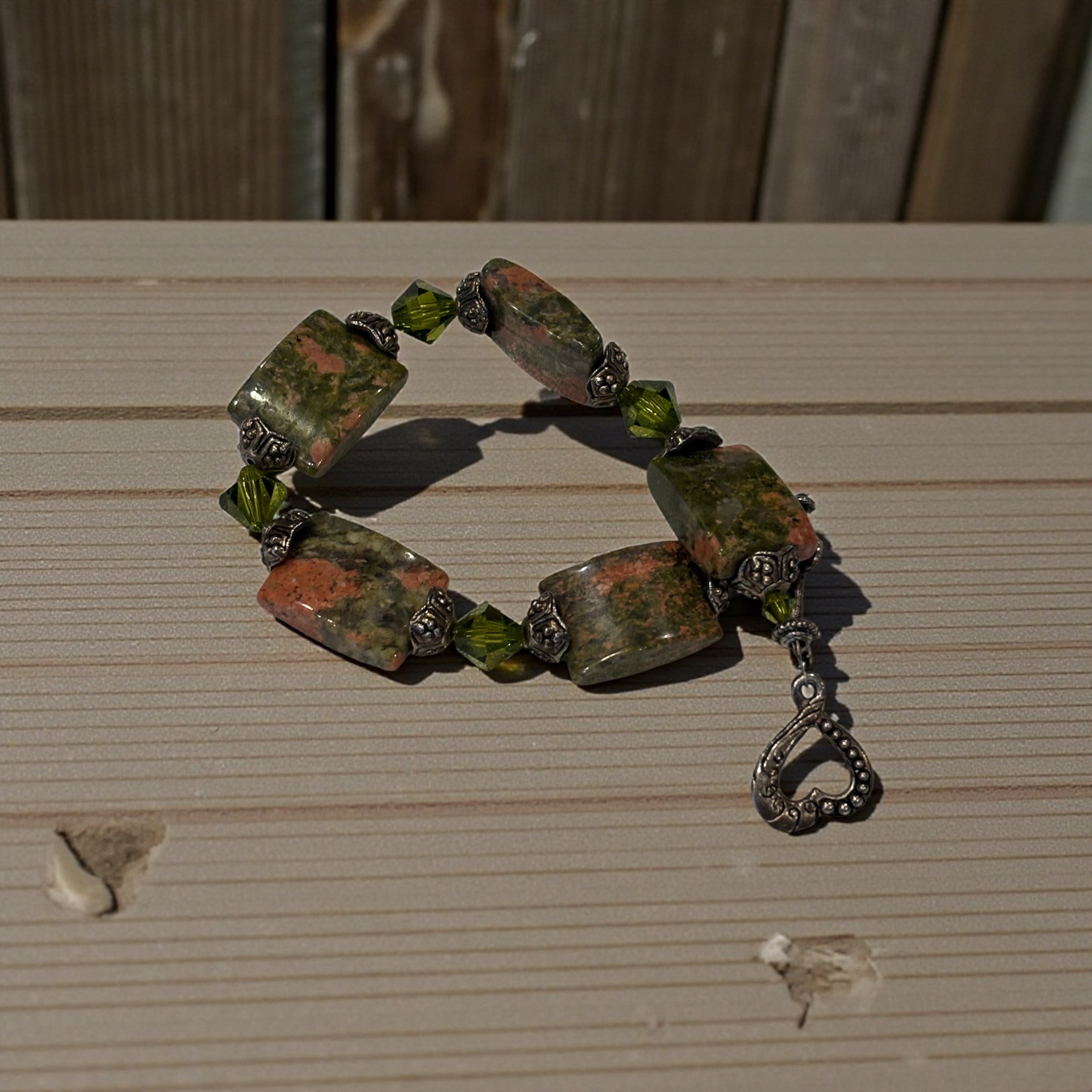 Unakite Jasper Bracelet with Olive Green Swarovski Crystals, 7 Inch Handmade Gemstone Bracelet, Rustic Earth Tone Inspired Gift