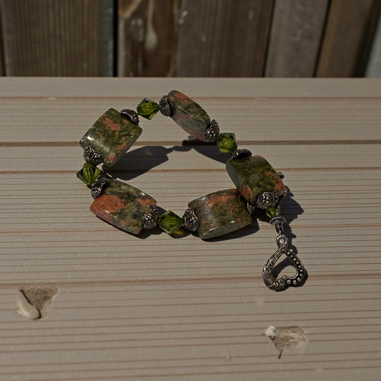 Unakite Jasper Bracelet with Olive Green Swarovski Crystals, 7 Inch Handmade Gemstone Bracelet, Rustic Earth Tone Inspired Gift