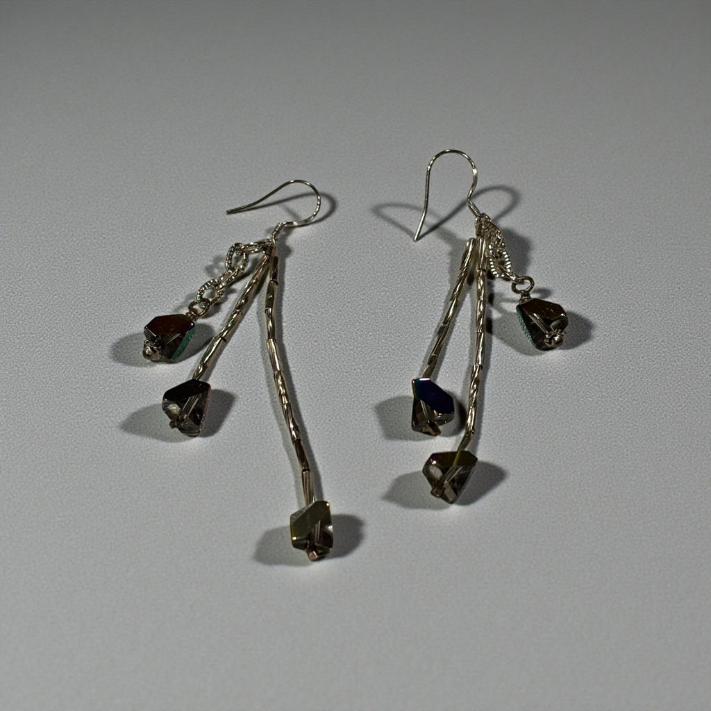 Brown Aurora Borealis Glass Dangle Earrings, Silver Tone Drop Earrings with Hex Cut Crystal Beads, Handmade Iridescent Statement Earrings