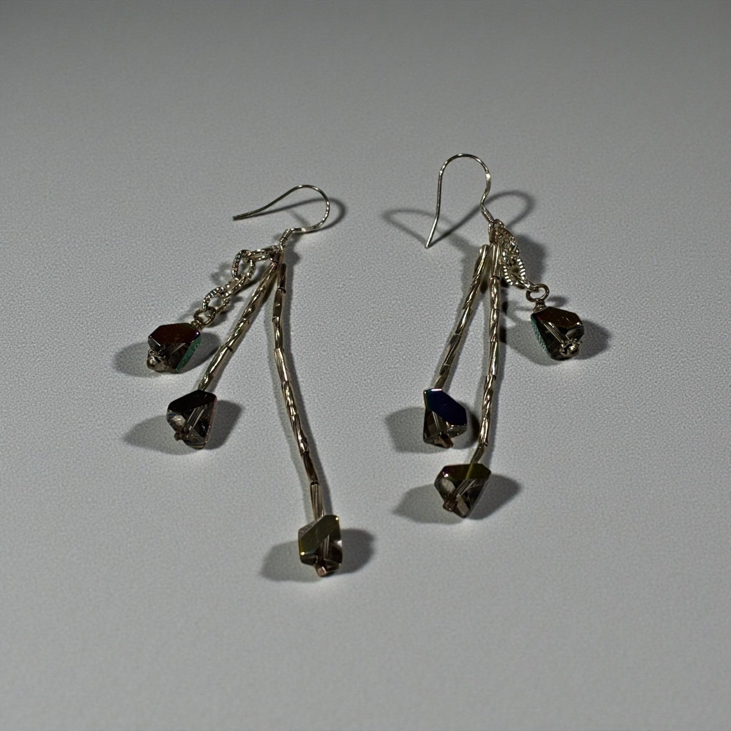 Brown Aurora Borealis Glass Dangle Earrings, Silver Tone Drop Earrings with Hex Cut Crystal Beads, Handmade Iridescent Statement Earrings