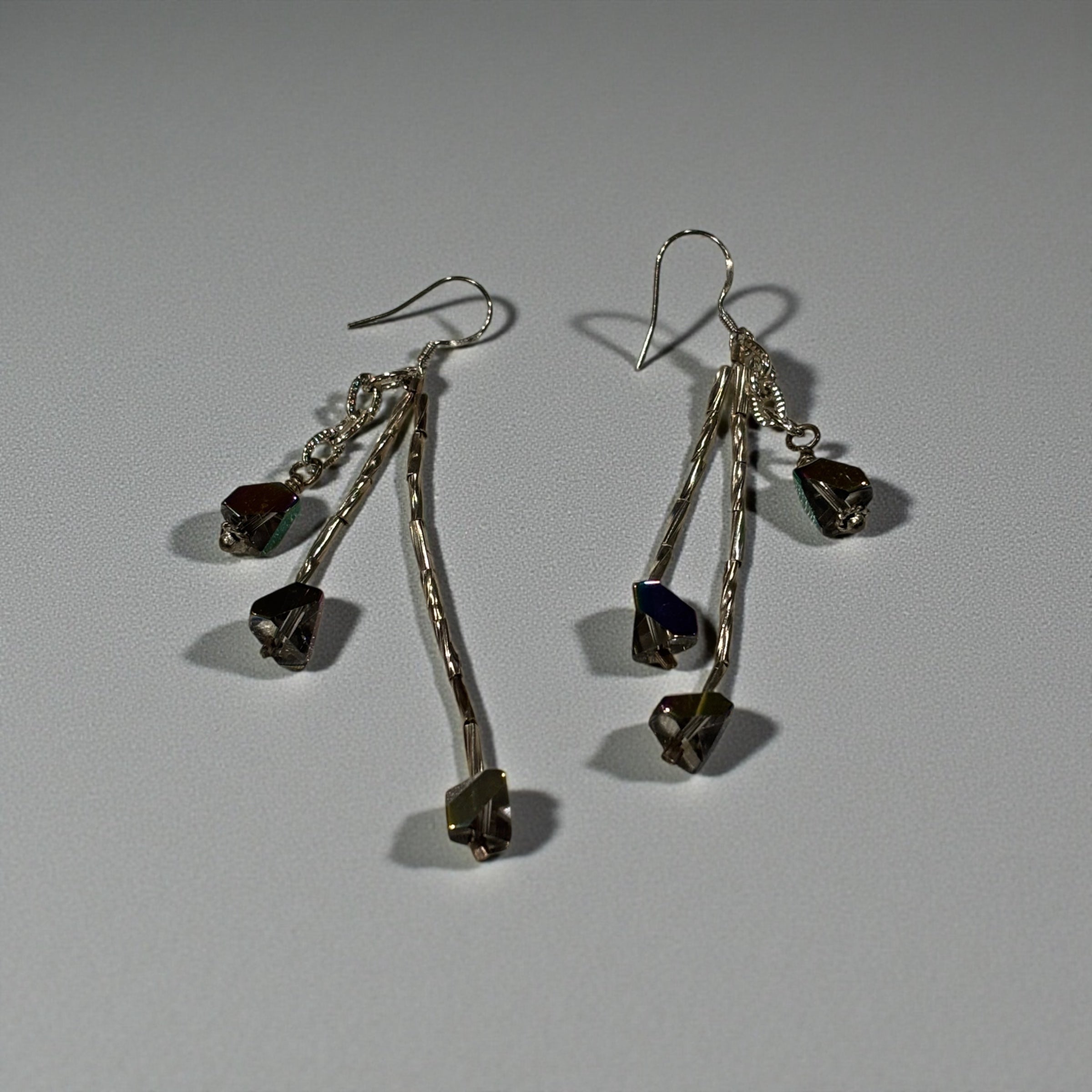 Brown Aurora Borealis Glass Dangle Earrings, Silver Tone Drop Earrings with Hex Cut Crystal Beads, Handmade Iridescent Statement Earrings