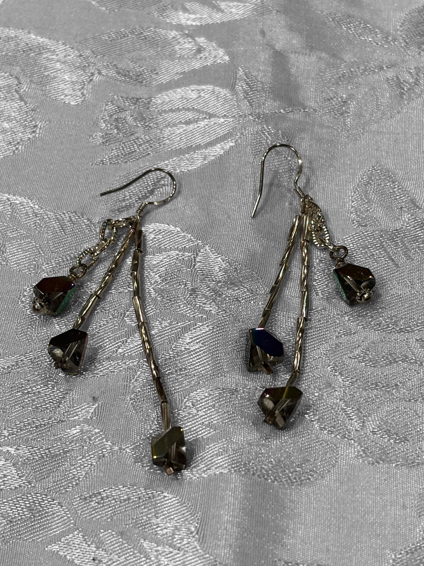Brown Aurora Borealis Glass Dangle Earrings, Silver Tone Drop Earrings with Hex Cut Crystal Beads, Handmade Iridescent Statement Earrings