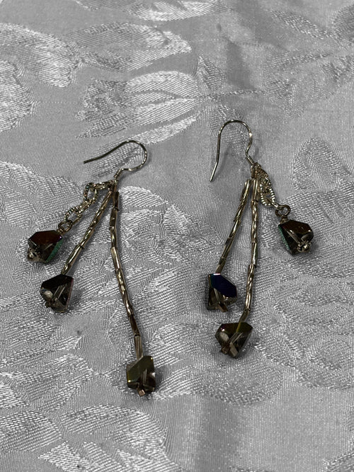 Brown Aurora Borealis Glass Dangle Earrings, Silver Tone Drop Earrings with Hex Cut Crystal Beads, Handmade Iridescent Statement Earrings