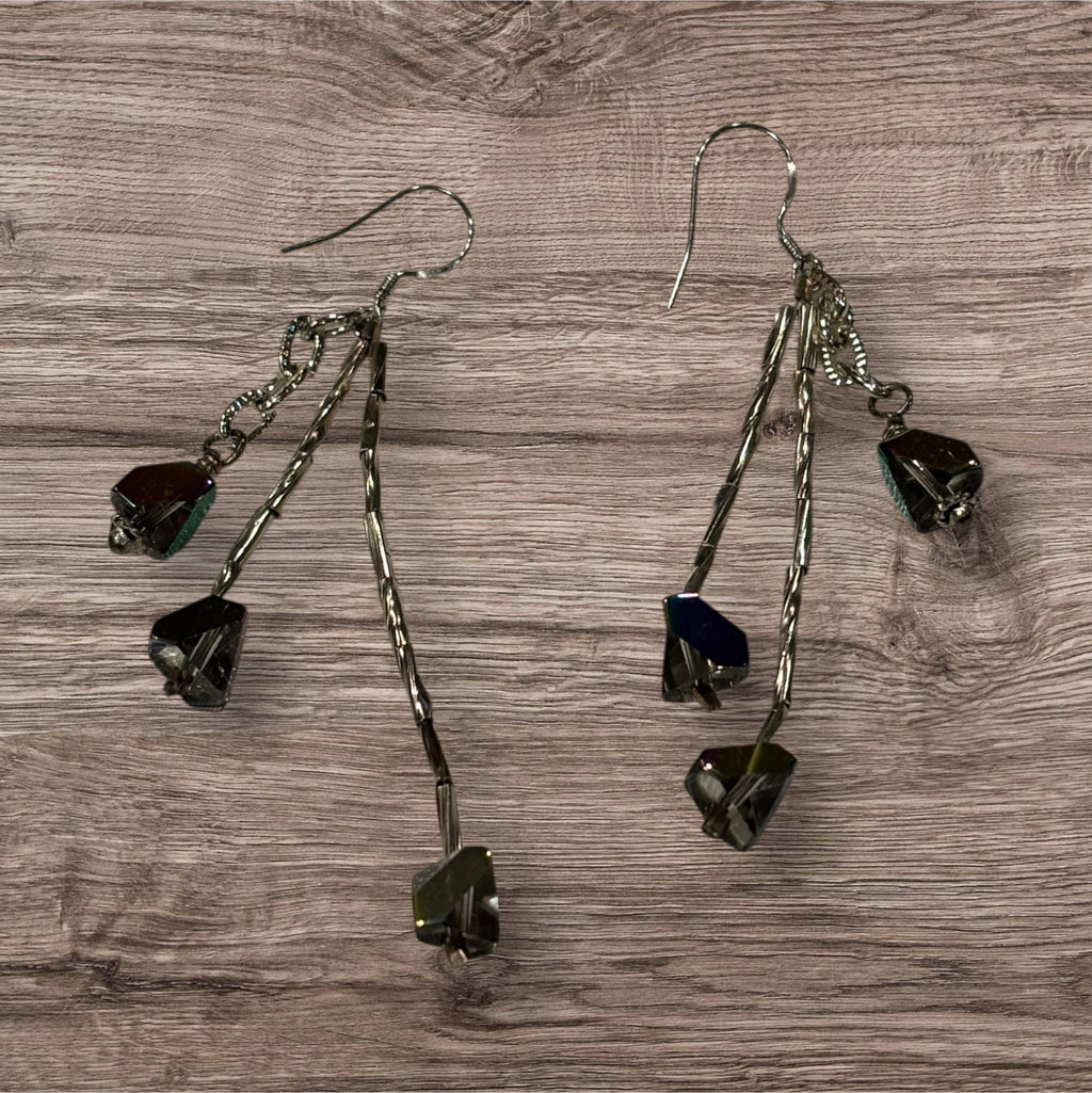 Brown Aurora Borealis Glass Dangle Earrings, Silver Tone Drop Earrings with Hex Cut Crystal Beads, Handmade Iridescent Statement Earrings