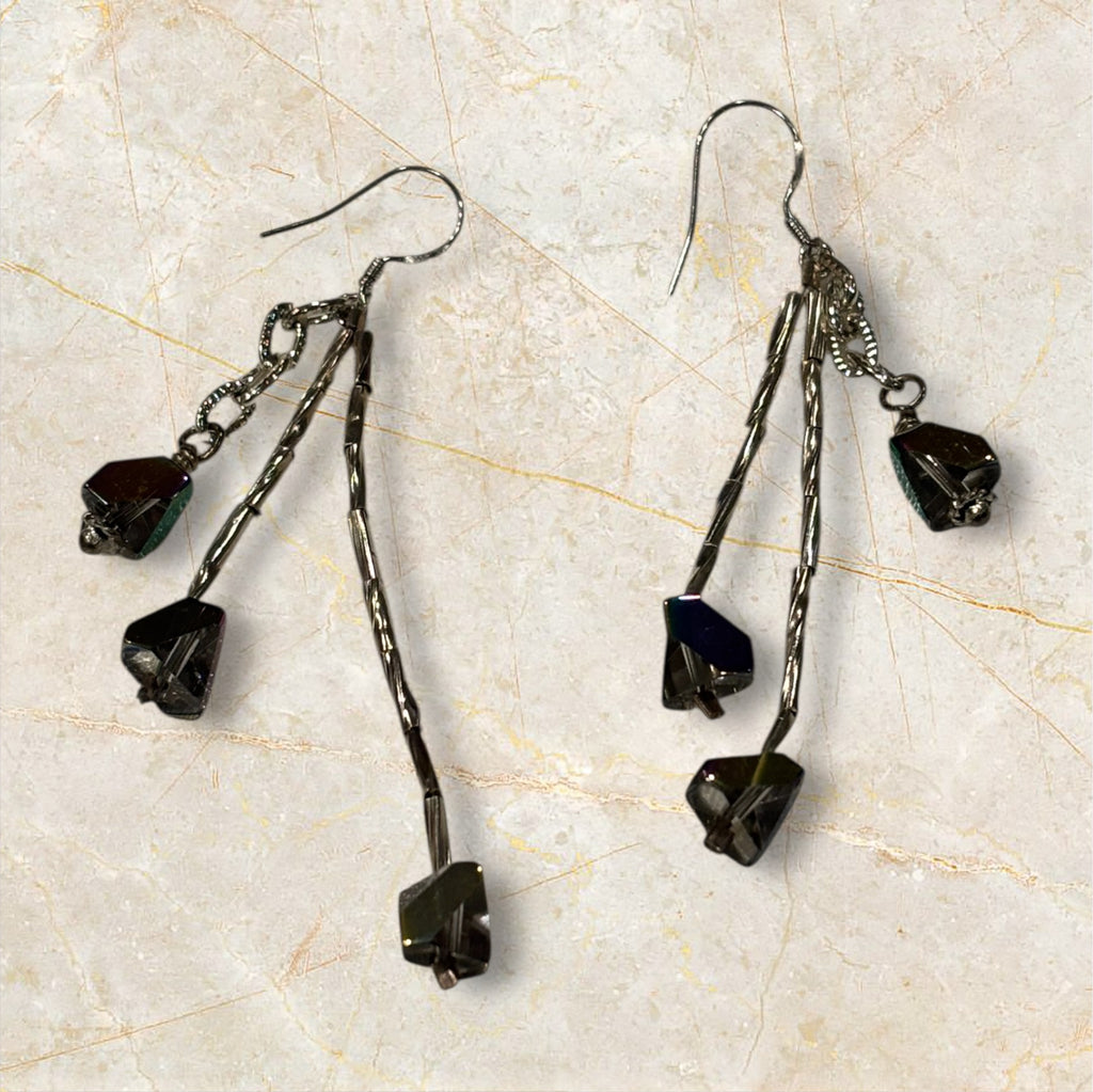 Brown Aurora Borealis Glass Dangle Earrings, Silver Tone Drop Earrings with Hex Cut Crystal Beads, Handmade Iridescent Statement Earrings