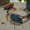 Hand Wrapped Wire Bangle Bracelet with Denim Lapis Focal Stone, Mixed Gold & Silver Wire Artisan Bracelet, 7.5 Inch Statement Jewelry