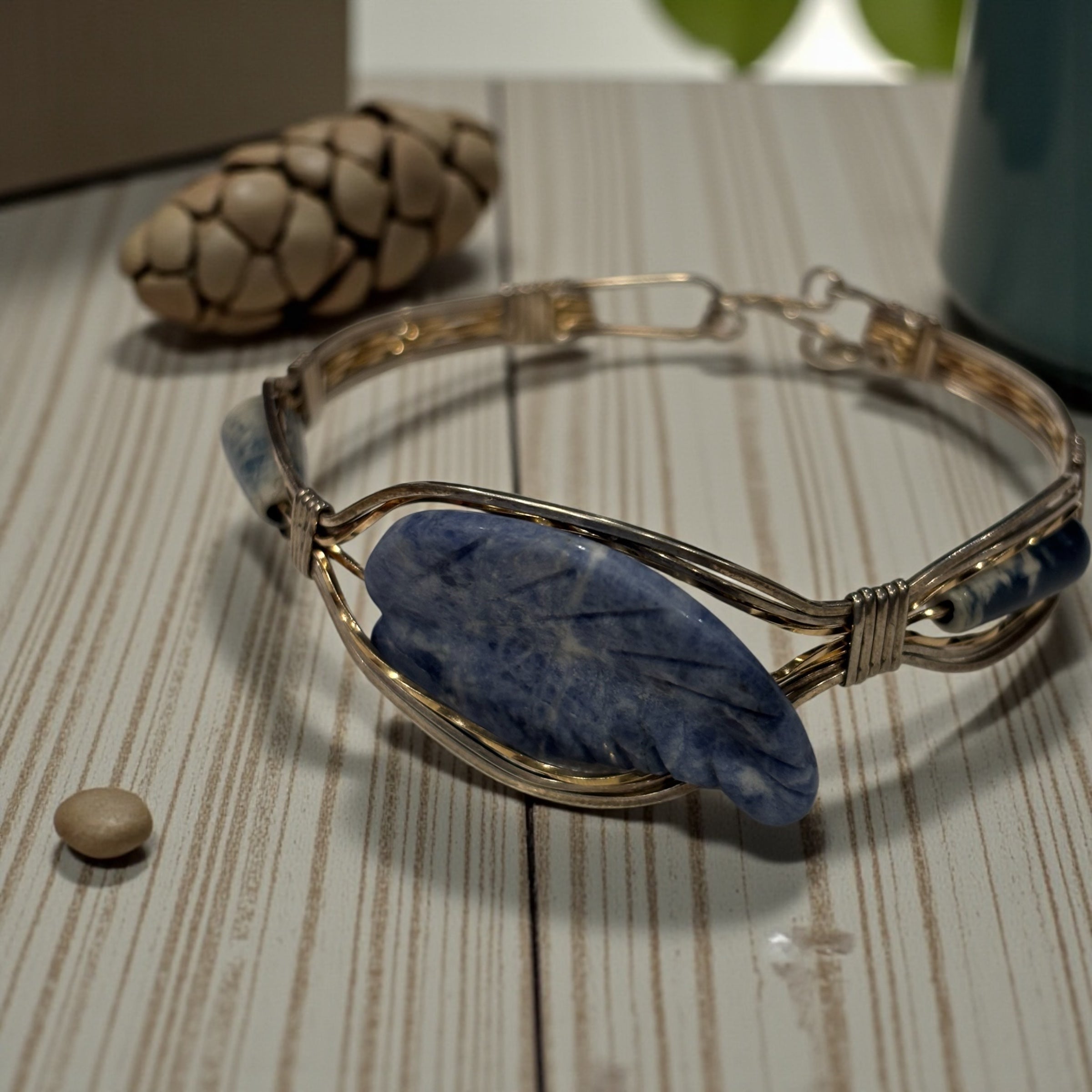 Hand Wrapped Wire Bangle Bracelet with Denim Lapis Focal Stone, Mixed Gold & Silver Wire Artisan Bracelet, 7.5 Inch Statement Jewelry