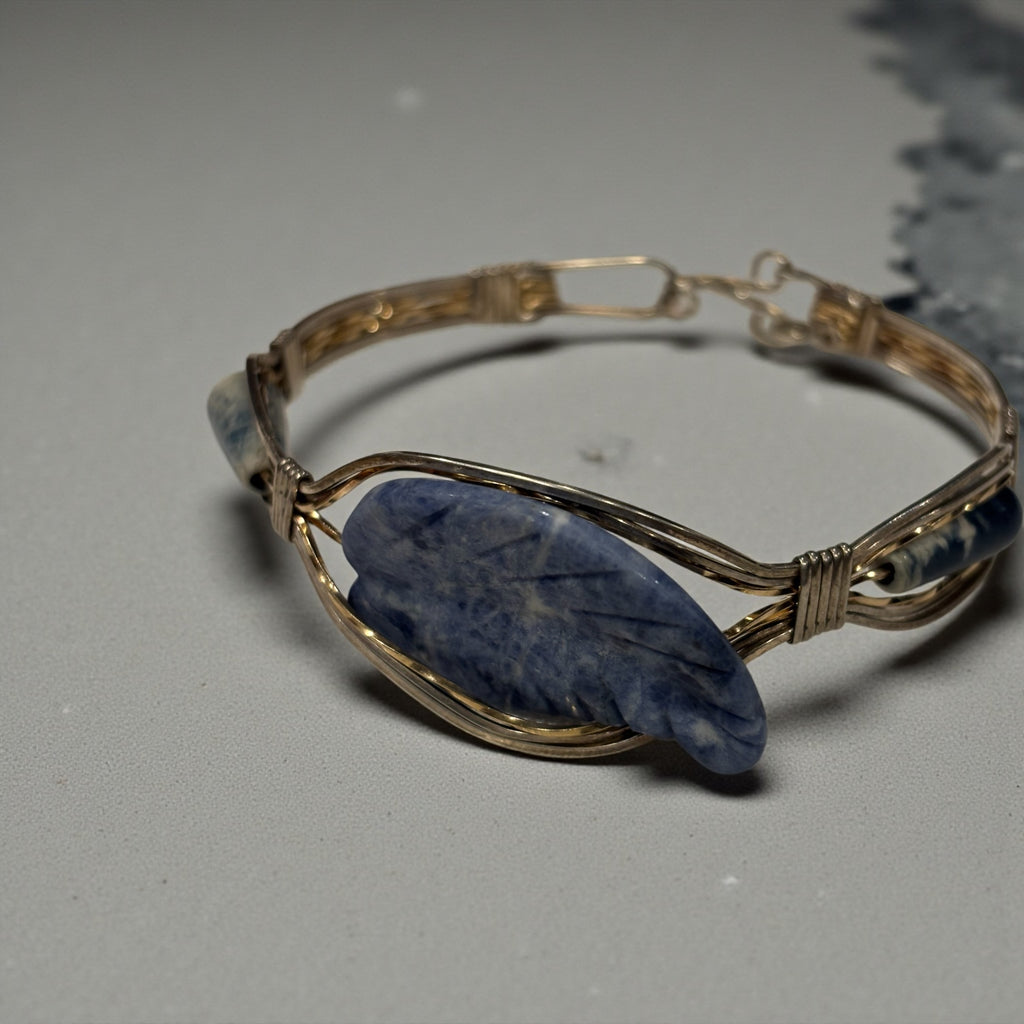Hand Wrapped Wire Bangle Bracelet with Denim Lapis Focal Stone, Mixed Gold & Silver Wire Artisan Bracelet, 7.5 Inch Statement Jewelry