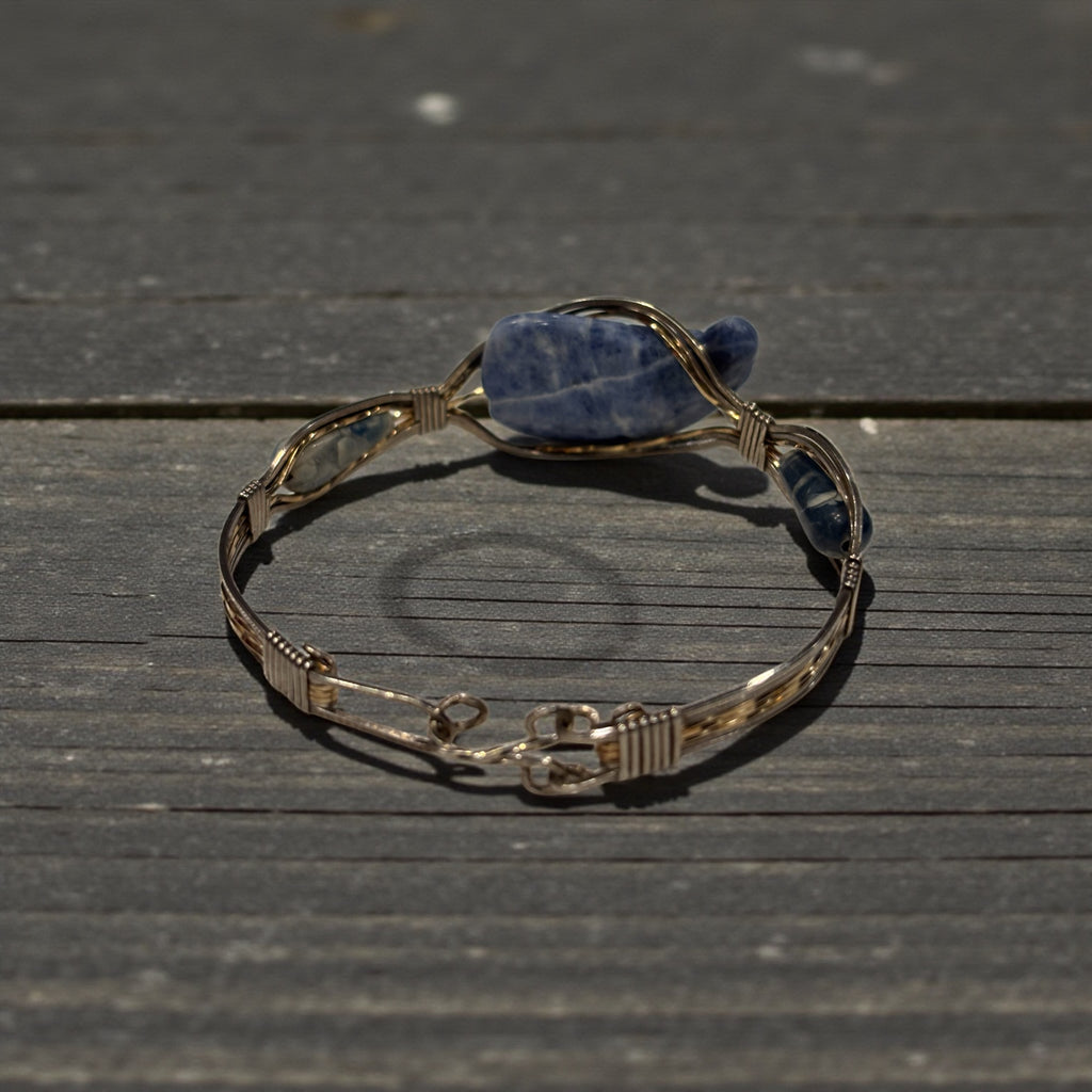 Hand Wrapped Wire Bangle Bracelet with Denim Lapis Focal Stone, Mixed Gold & Silver Wire Artisan Bracelet, 7.5 Inch Statement Jewelry