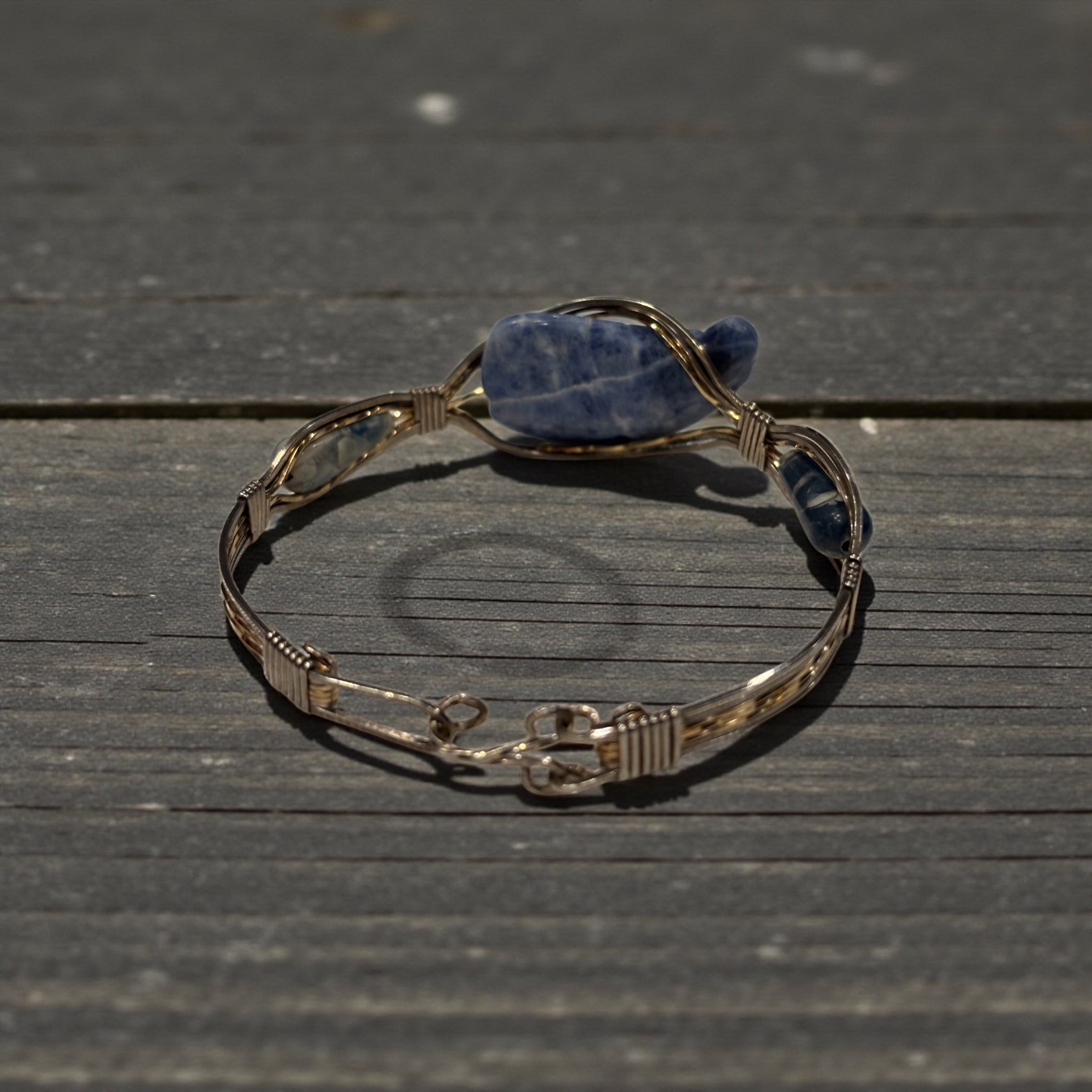Hand Wrapped Wire Bangle Bracelet with Denim Lapis Focal Stone, Mixed Gold & Silver Wire Artisan Bracelet, 7.5 Inch Statement Jewelry