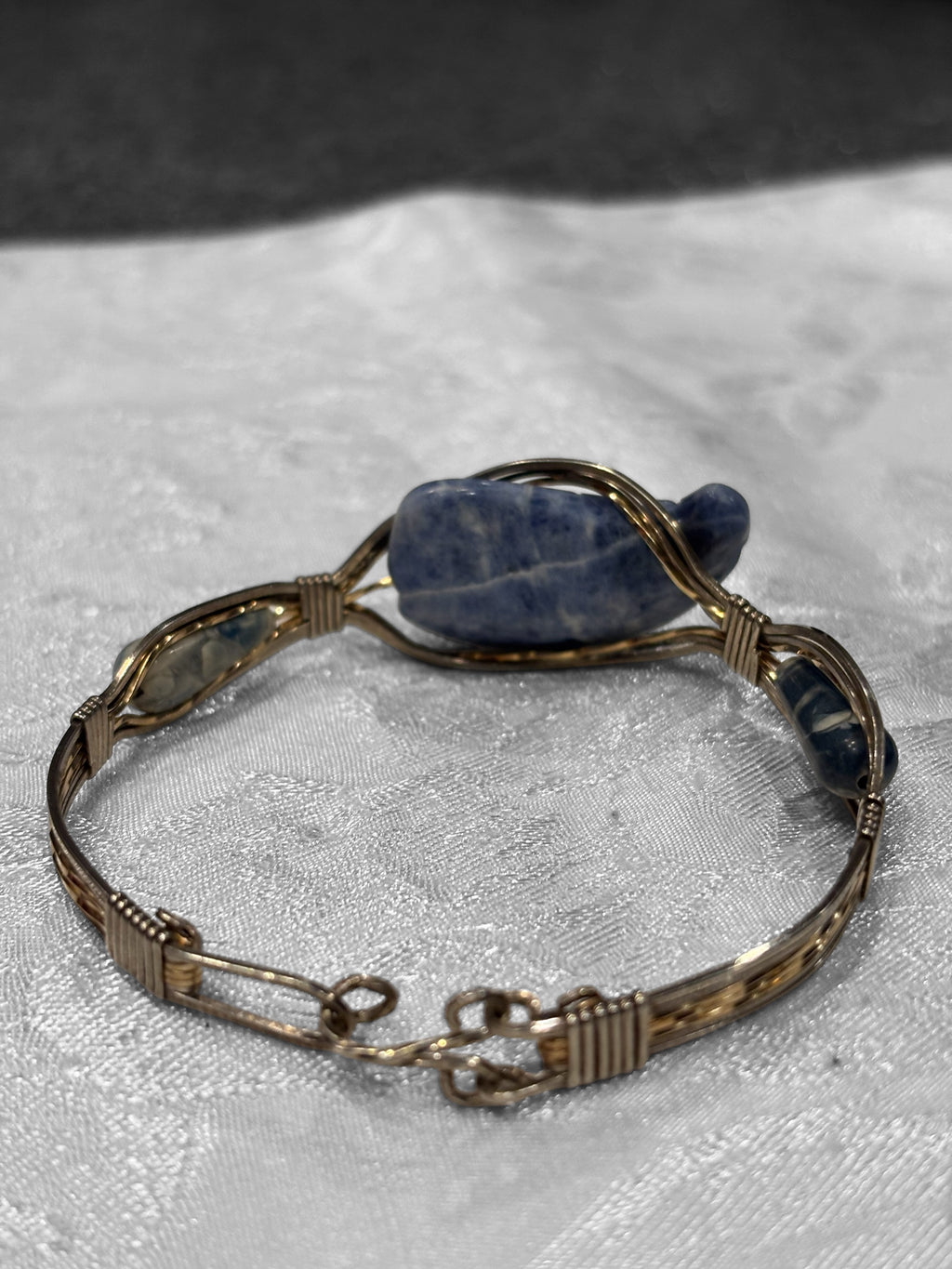 Hand Wrapped Wire Bangle Bracelet with Denim Lapis Focal Stone, Mixed Gold & Silver Wire Artisan Bracelet, 7.5 Inch Statement Jewelry