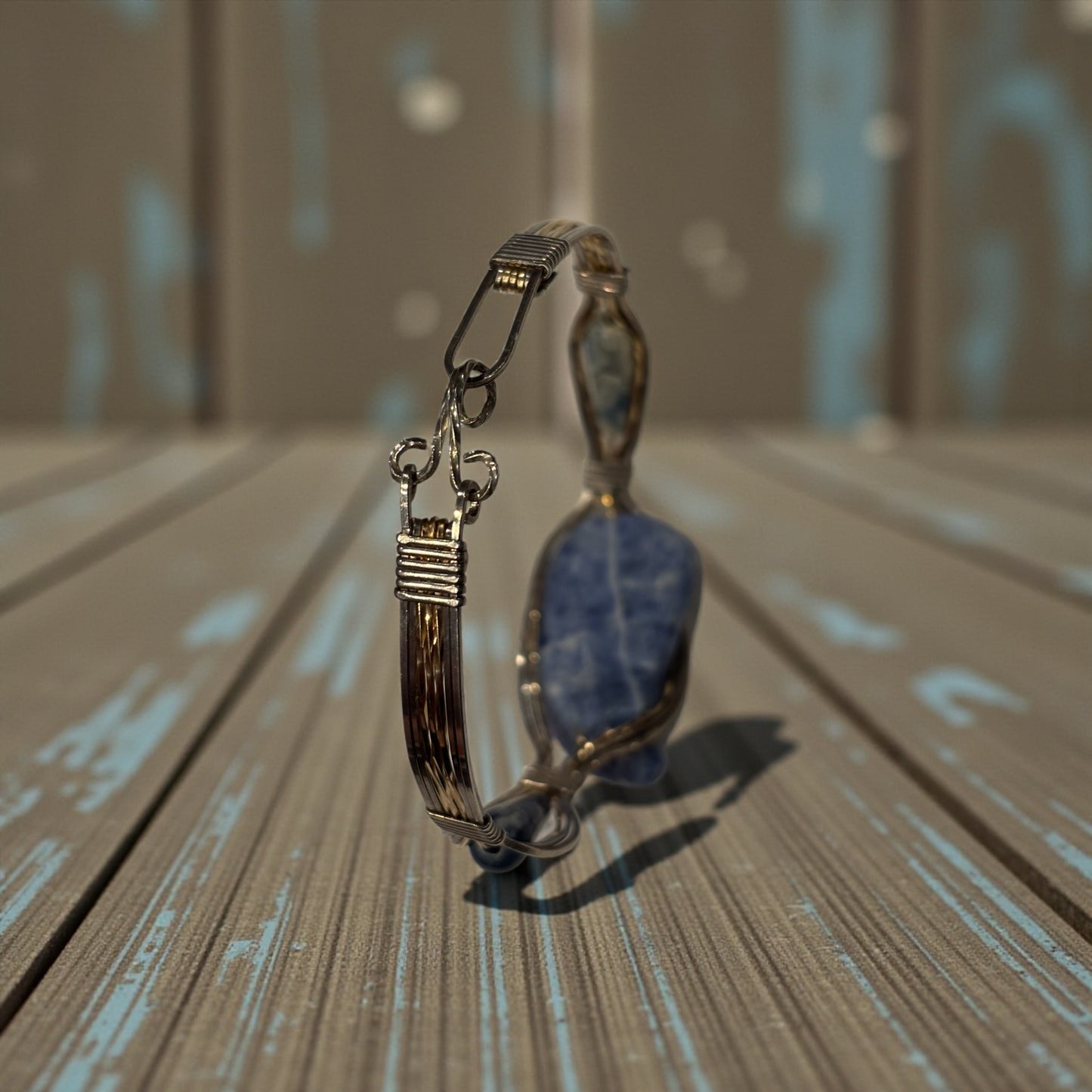 Hand Wrapped Wire Bangle Bracelet with Denim Lapis Focal Stone, Mixed Gold & Silver Wire Artisan Bracelet, 7.5 Inch Statement Jewelry