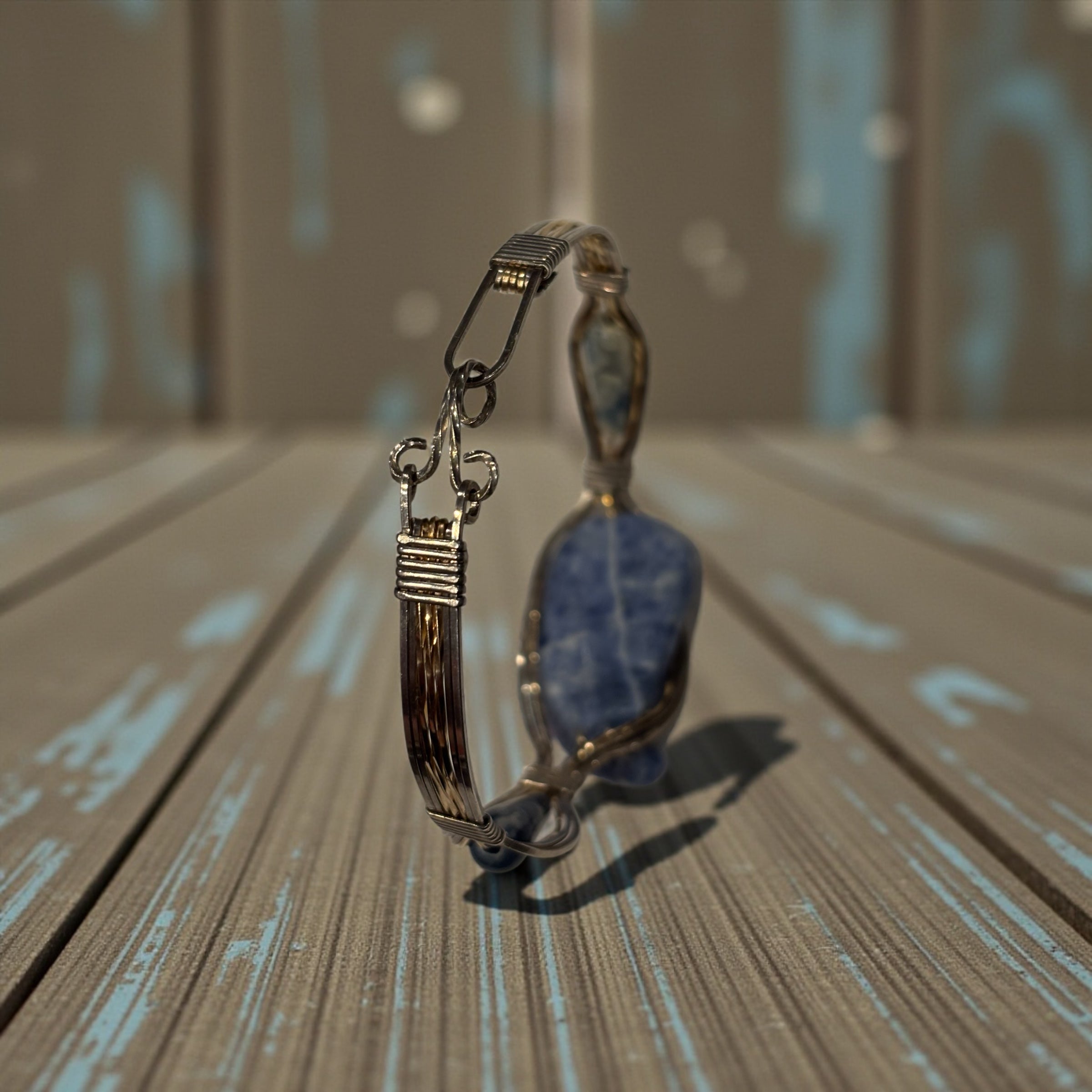 Hand Wrapped Wire Bangle Bracelet with Denim Lapis Focal Stone, Mixed Gold & Silver Wire Artisan Bracelet, 7.5 Inch Statement Jewelry