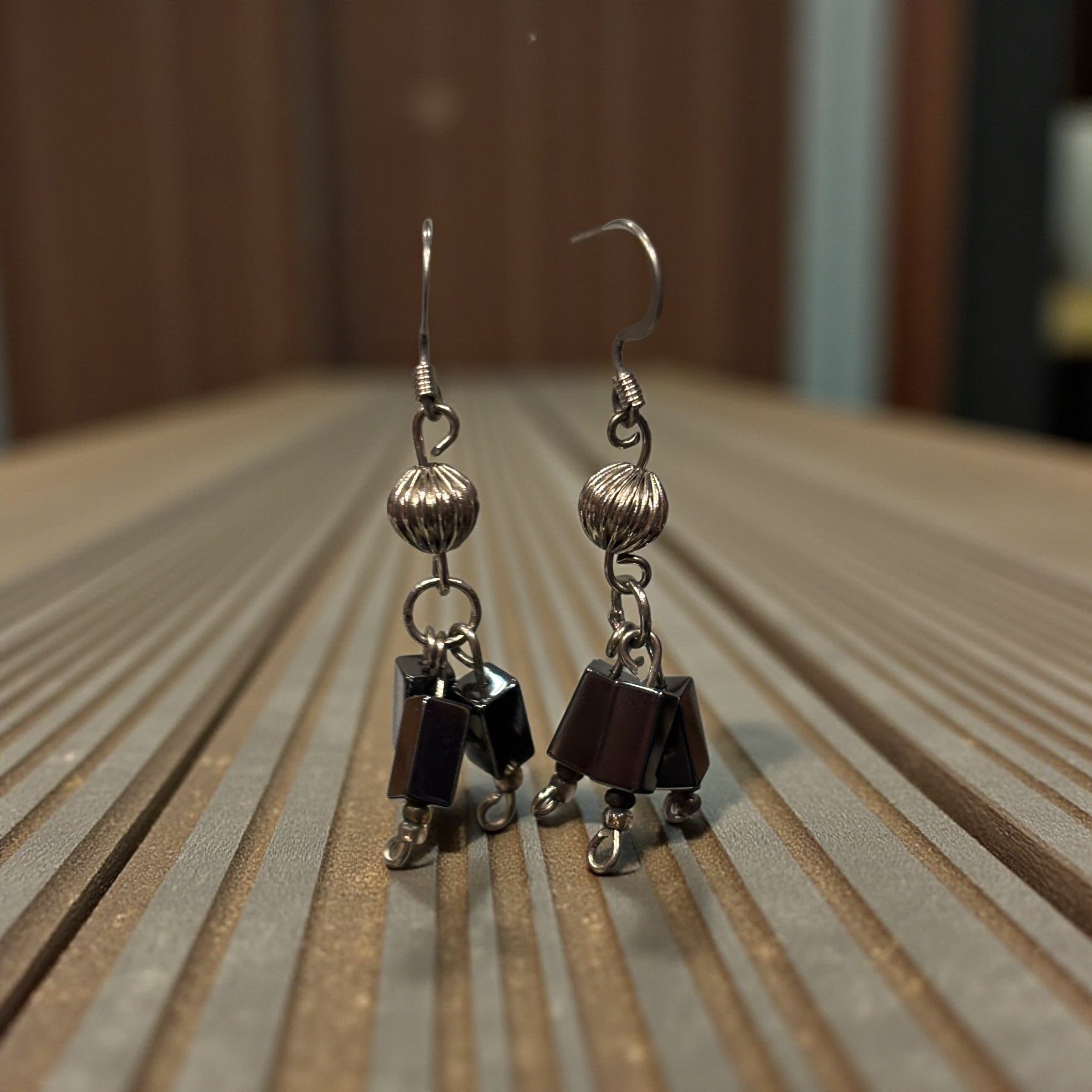 Hematite Dangle Earrings, Silver Tone Drop Earrings, Handmade Minimalist Jewelry, Modern Neutral Earrings, Gift for Her