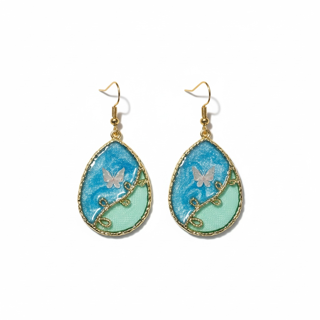 Gold Butterfly Teardrop Dangle Earrings, Shimmery Blue & Green Resin Earrings, Fairycore Cottagecore Jewelry