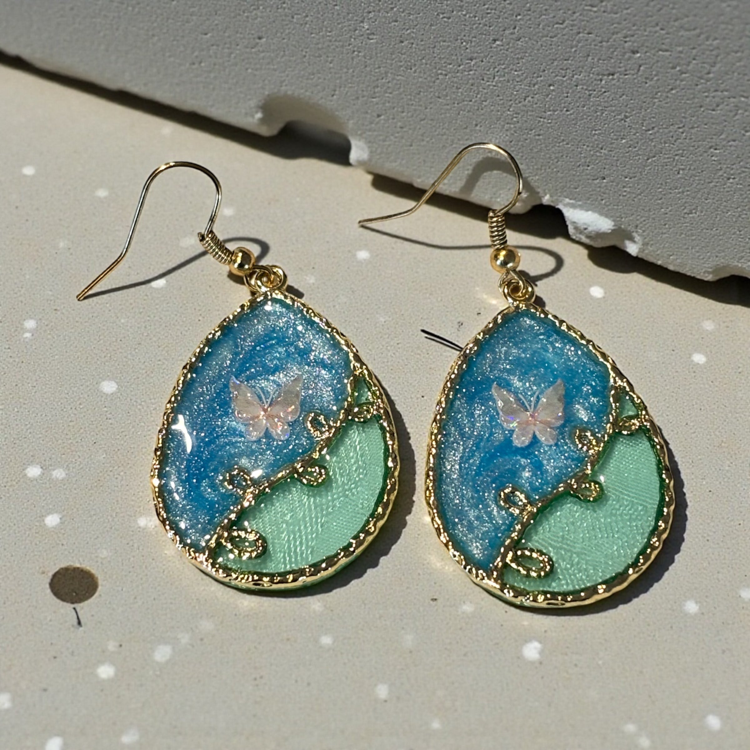 Gold Butterfly Teardrop Dangle Earrings, Shimmery Blue & Green Resin Earrings, Fairycore Cottagecore Jewelry