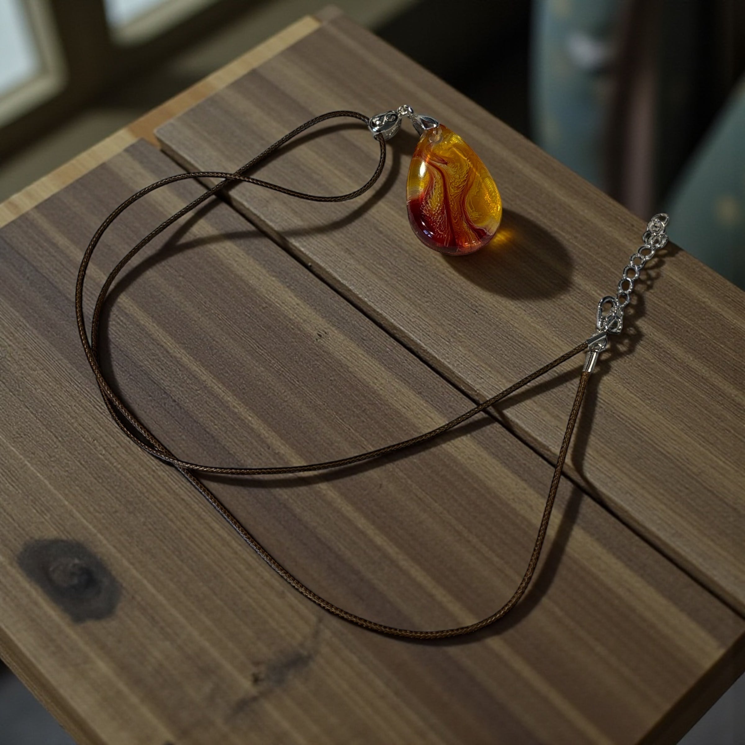 Petri Style Resin Teardrop Pendant, Amber Gold & Red Abstract Resin Necklace, One of a Kind Jewelry