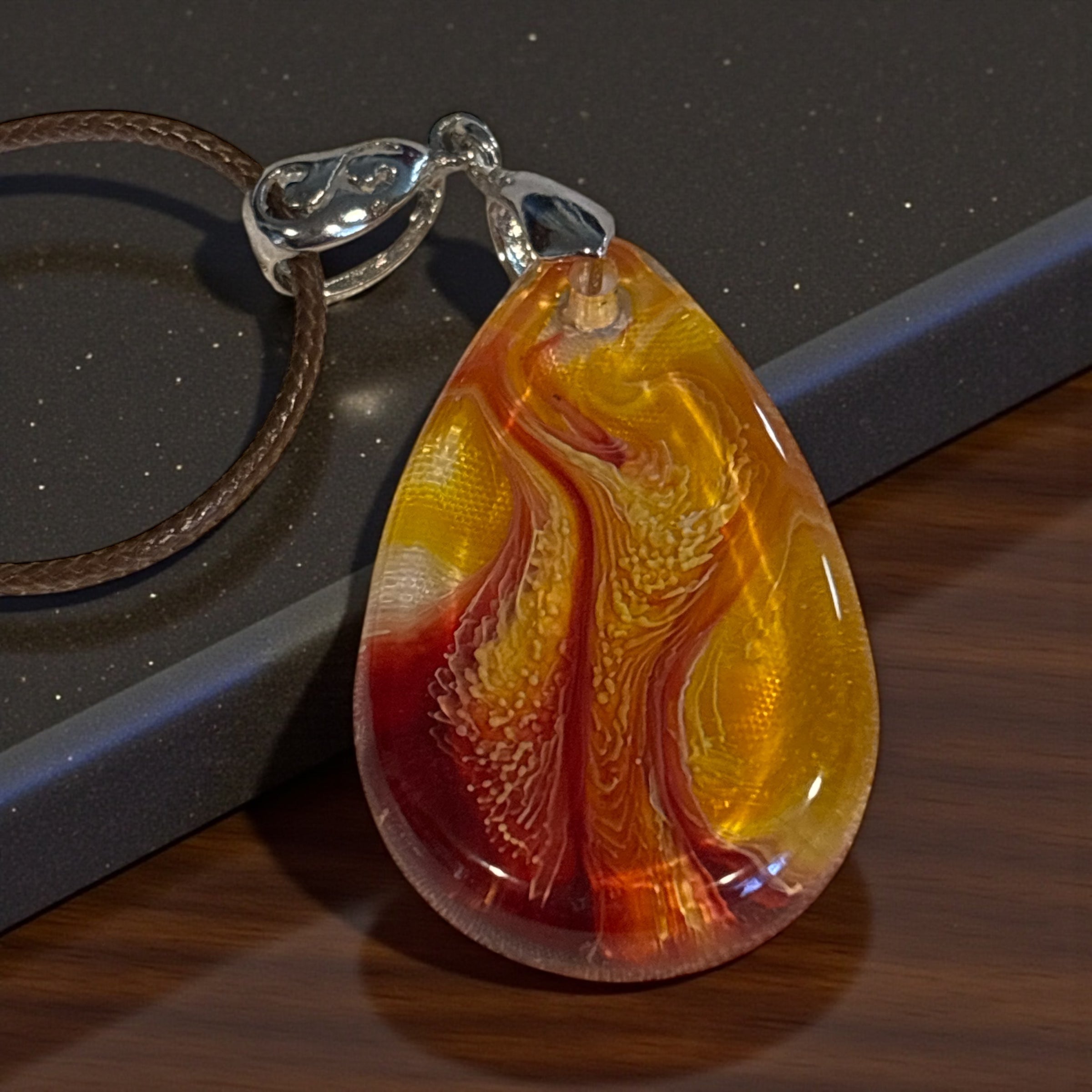 Petri Style Resin Teardrop Pendant, Amber Gold & Red Abstract Resin Necklace, One of a Kind Jewelry