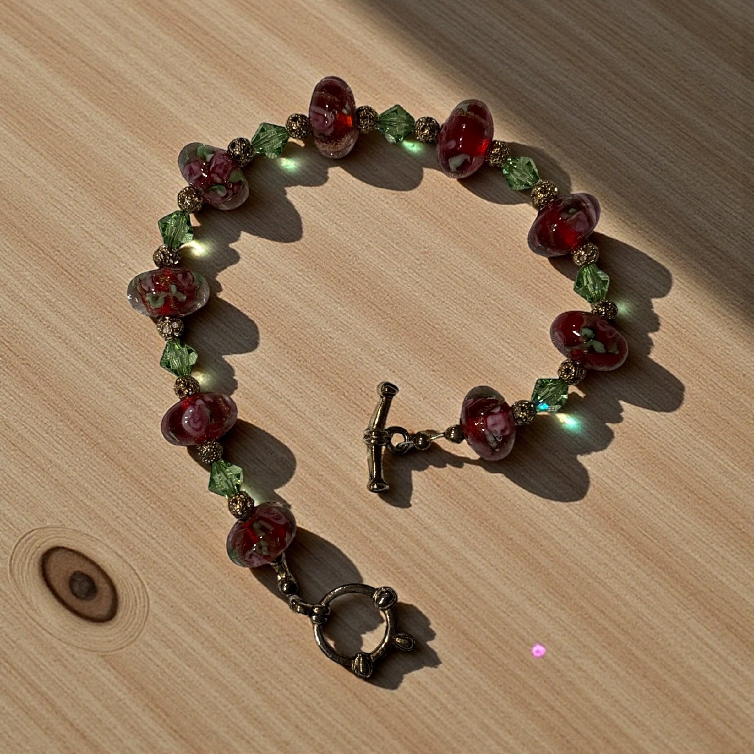 Lampwork Glass Bead Bracelet, Red Floral Glass Beads with Green Crystal Accents, Handmade Bracelet