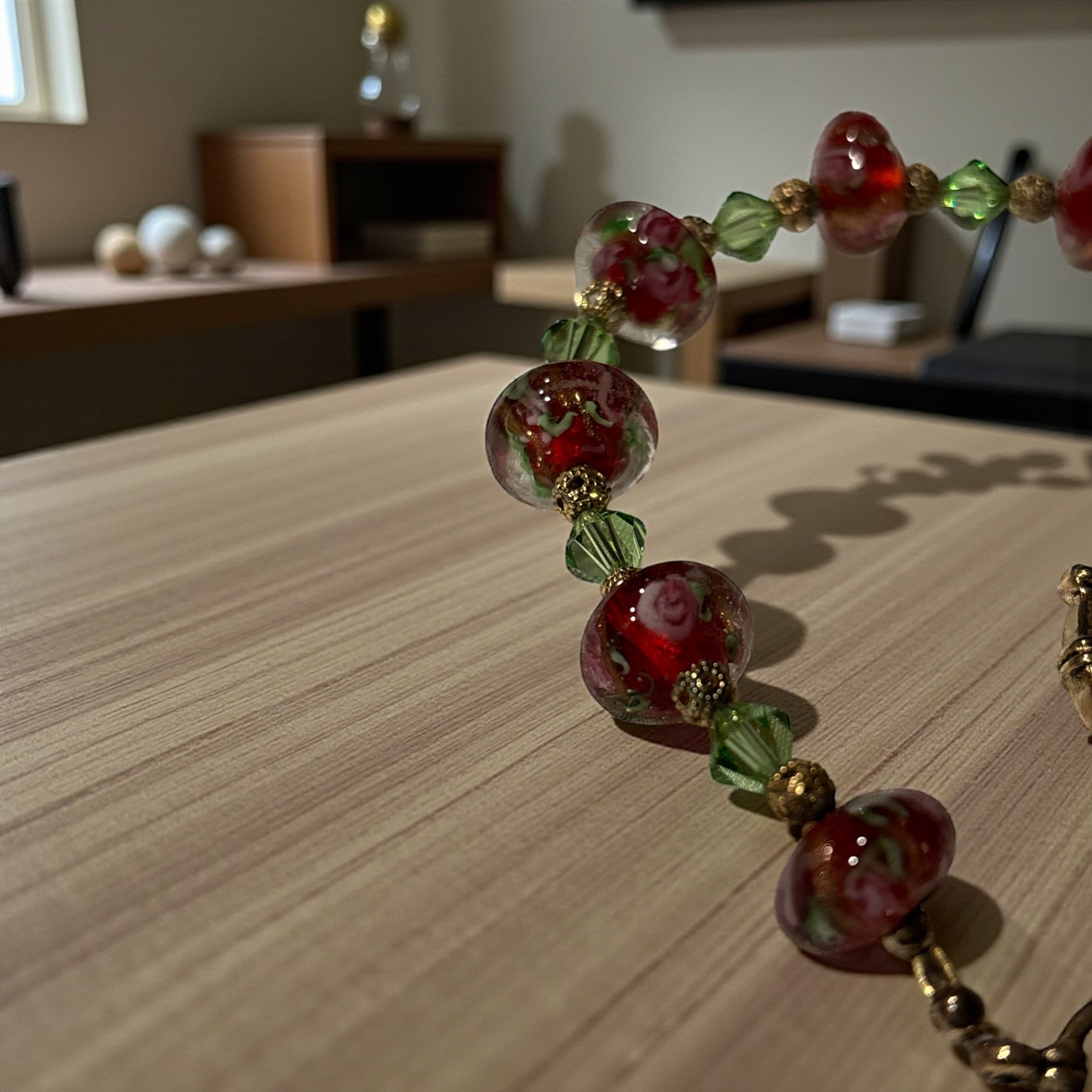 Lampwork Glass Bead Bracelet, Red Floral Glass Beads with Green Crystal Accents, Handmade Bracelet