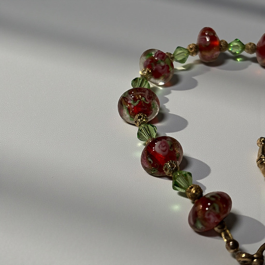 Lampwork Glass Bead Bracelet, Red Floral Glass Beads with Green Crystal Accents, Handmade Bracelet